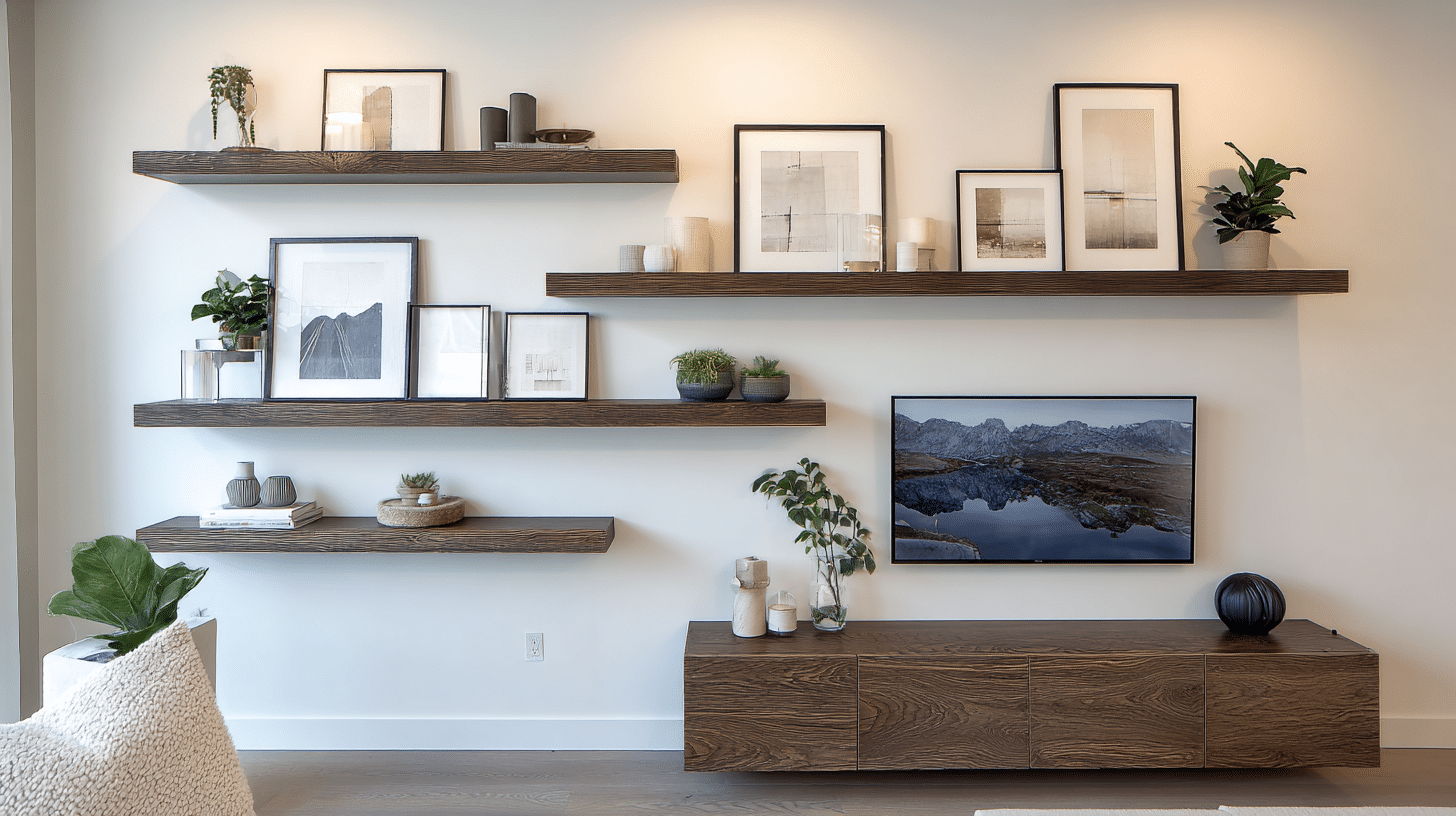 Living room TV stand with floating shelves displaying decor and adding vertical storage
