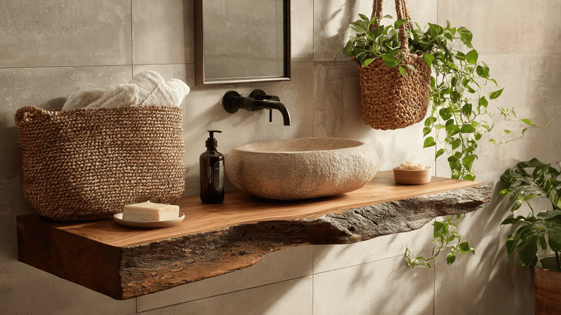 Floating Vanity With Rustic Wood Texture