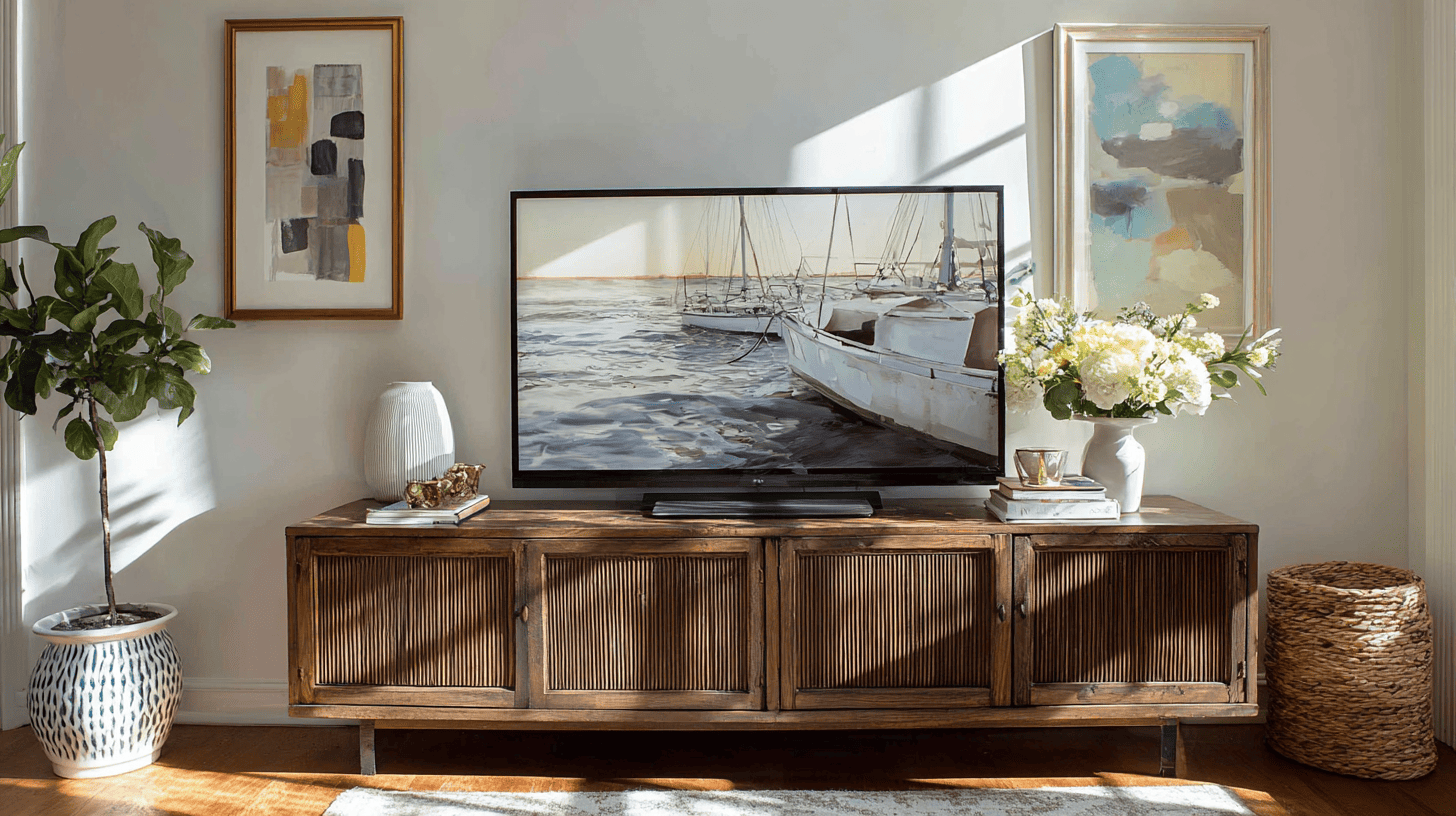 TV stand with framed artwork leaning behind the television for a layered, stylish look