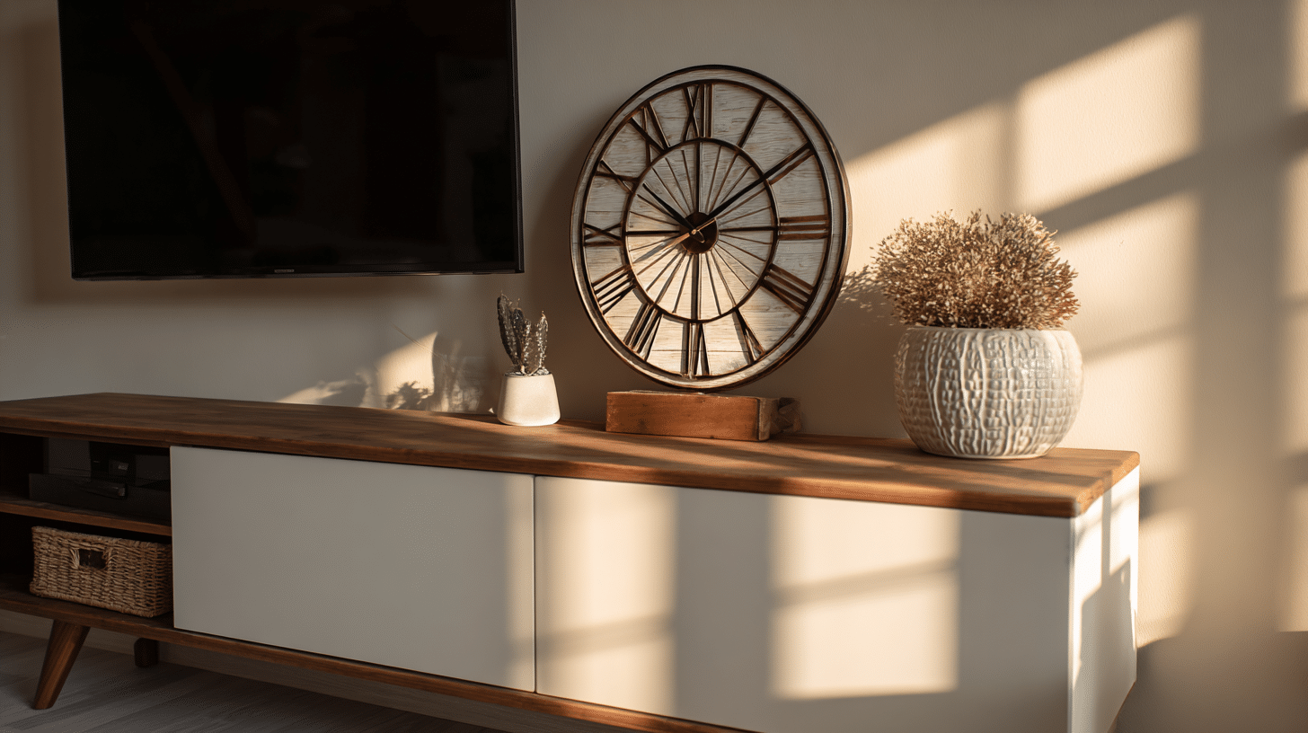 Modern TV stand featuring a decorative clock as functional living room decor