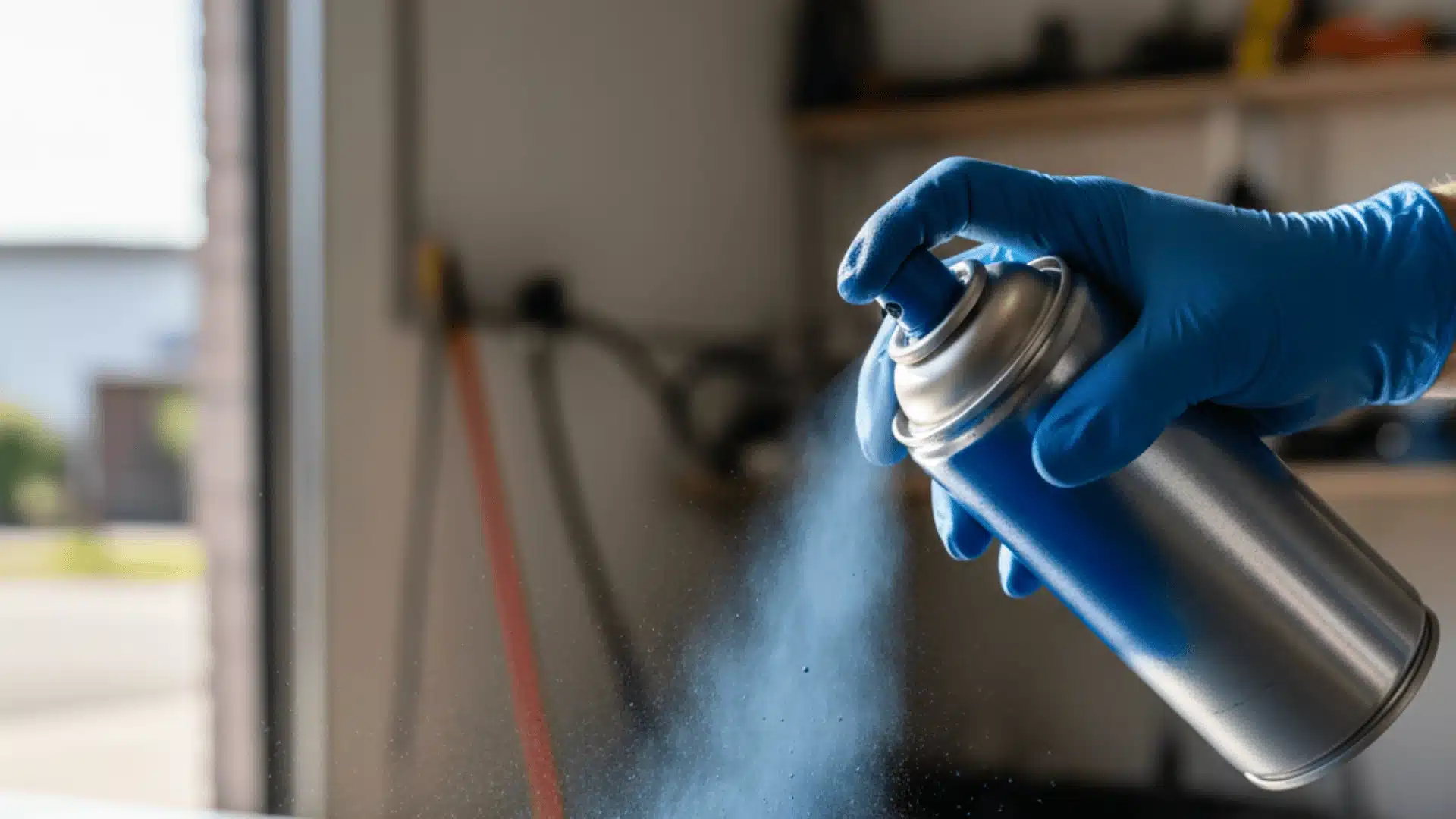 Gloved hand spray-painting blue in a garage.