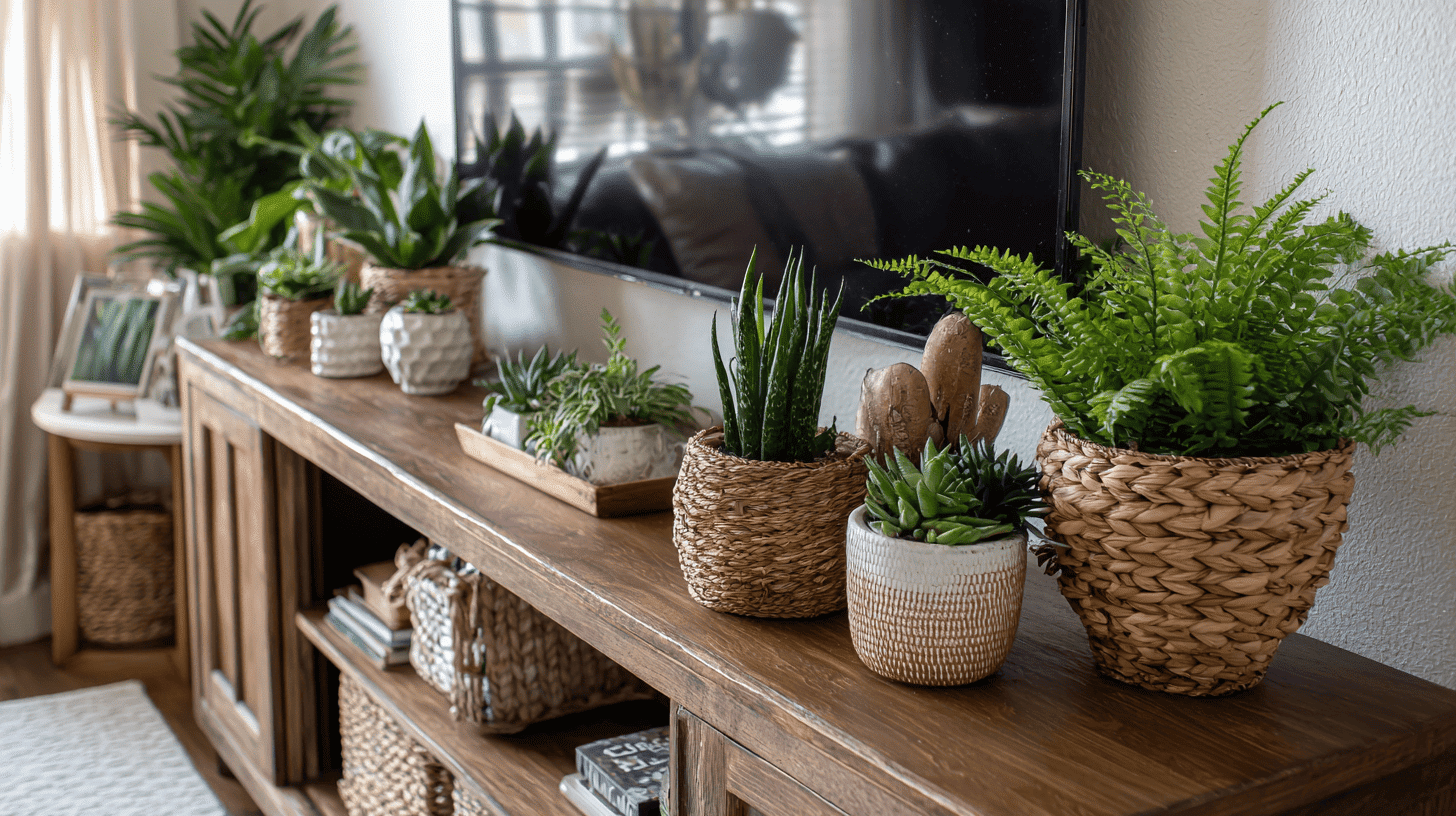 Farmhouse TV stand decor styled with small greenery in rustic planters for a warm, natural look