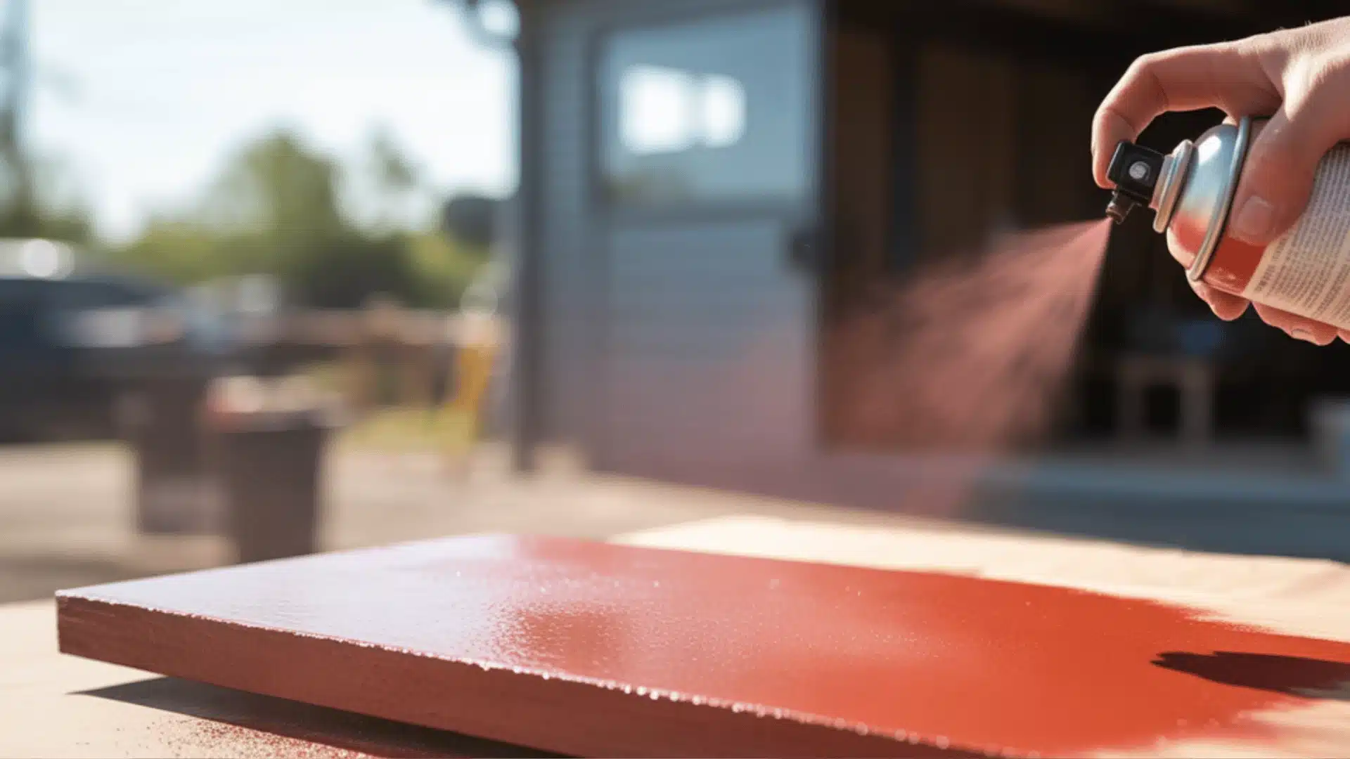 Hand spray-painting a board red outdoors</p>
<p>Not all spray paints dry at the same rate. Here’s what I’ve experienced with common types: