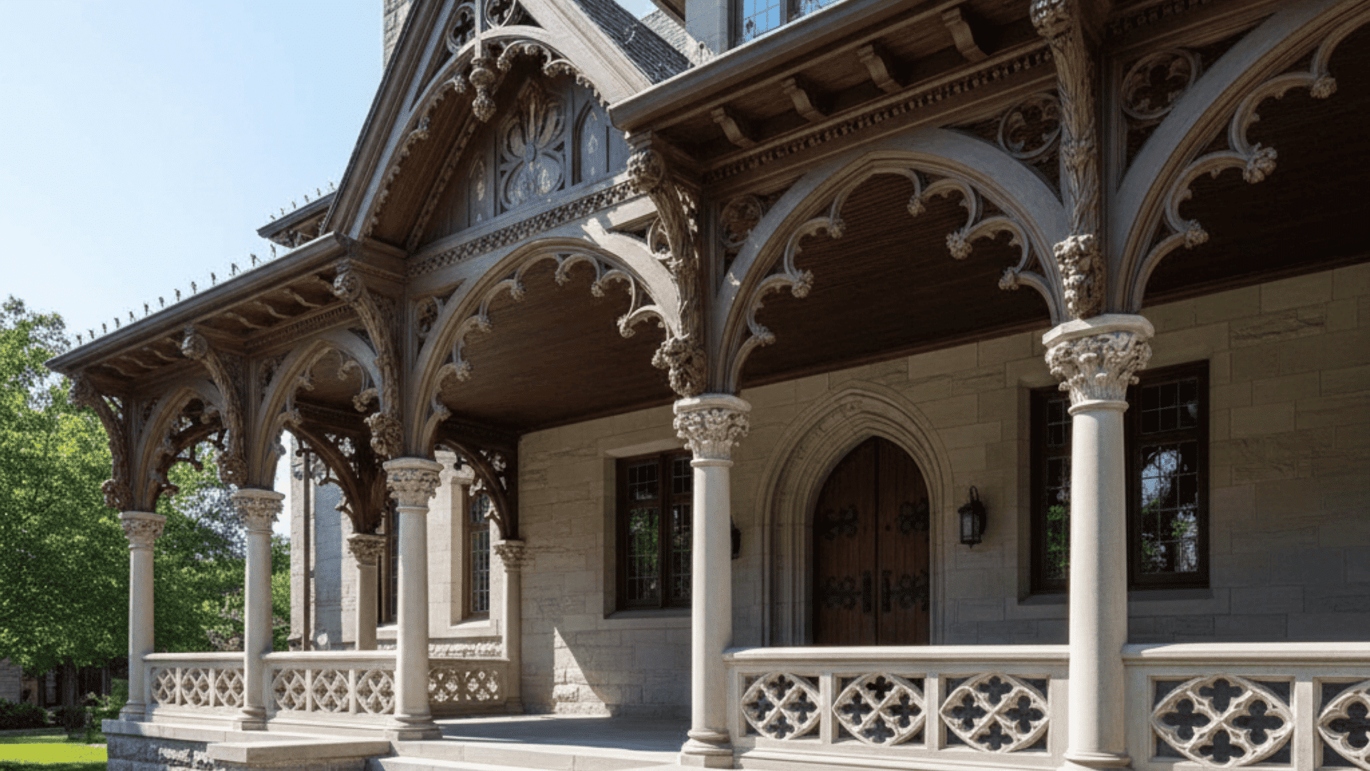 Large Gothic house front porch featuring ornate columns, pointed arches, and decorative balustrades with cutout patterns.