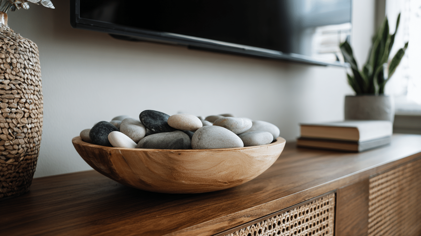 Modern TV stand styled with a low decorative bowl creating subtle depth and texture