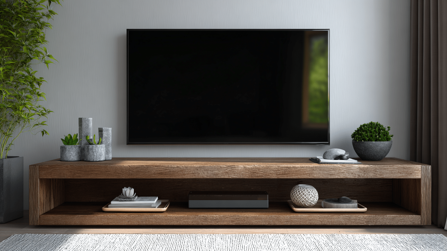 TV stand styled with low-profile decor, maintaining a clean, distraction-free viewing area