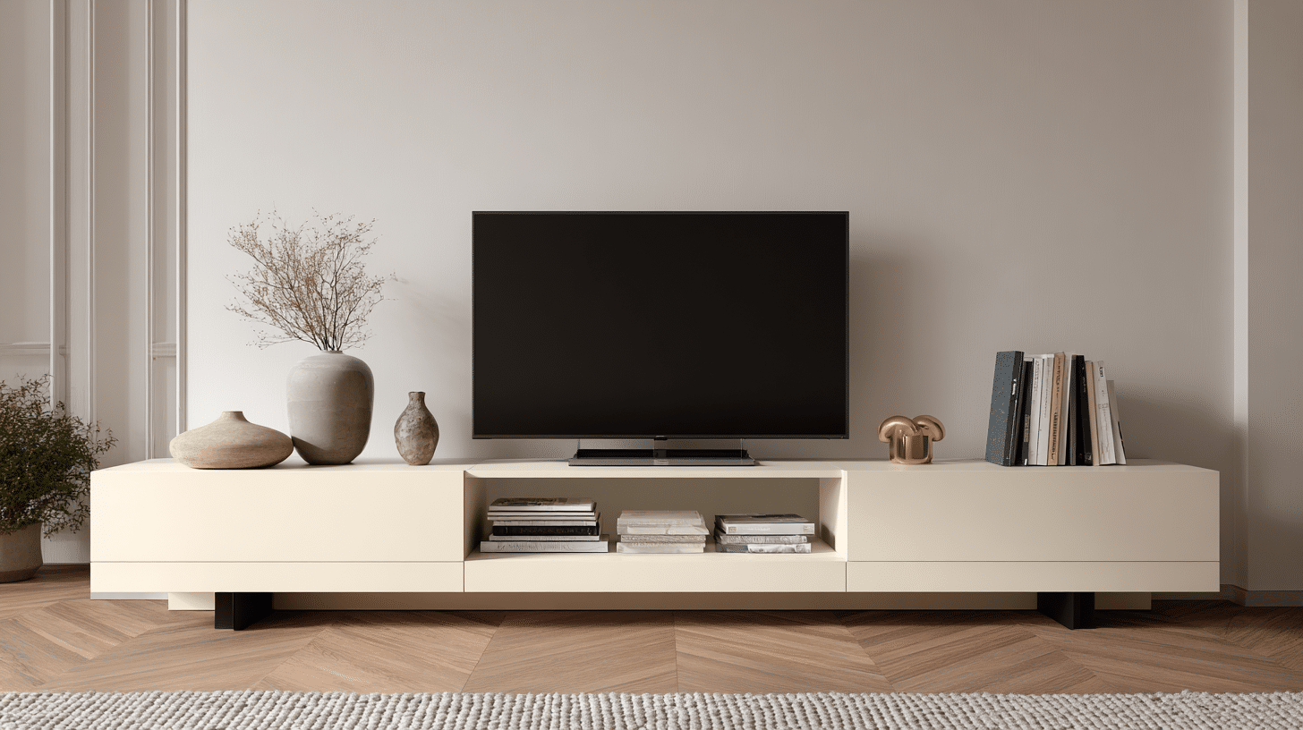 Minimalist TV stand decor featuring sleek accessories for a clean, modern aesthetic