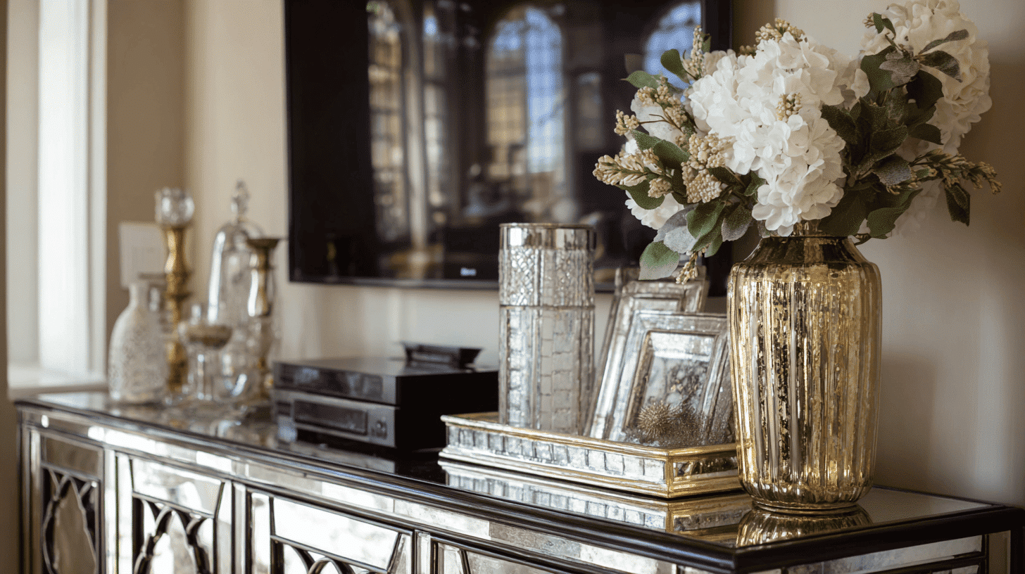 Glam TV stand decor styled with mirrored accessories adding light, reflection, and sophistication