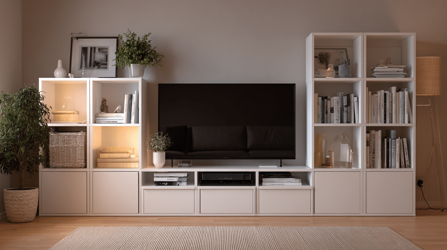 TV stand featuring open and closed storage, balancing decor display and hidden organization