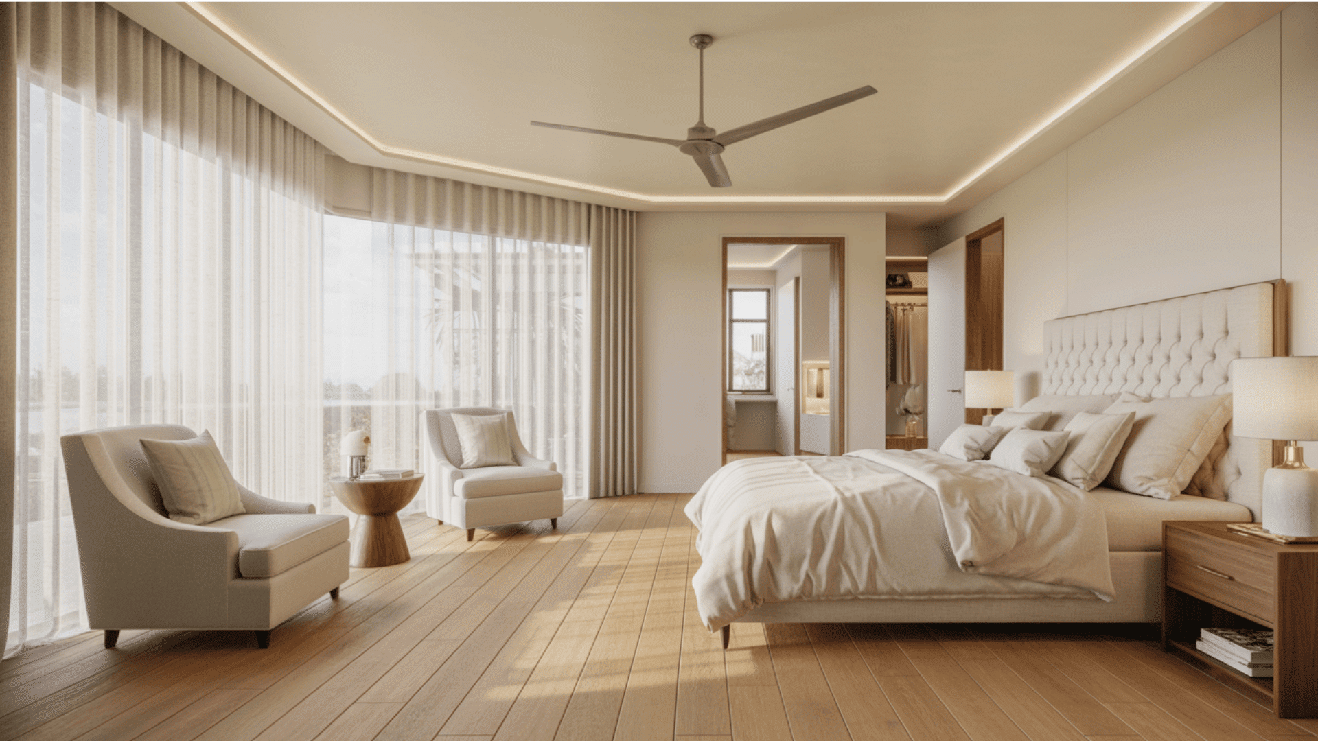 Modern bedroom featuring a large bed, designed for comfort and relaxation in a private retreat setting.