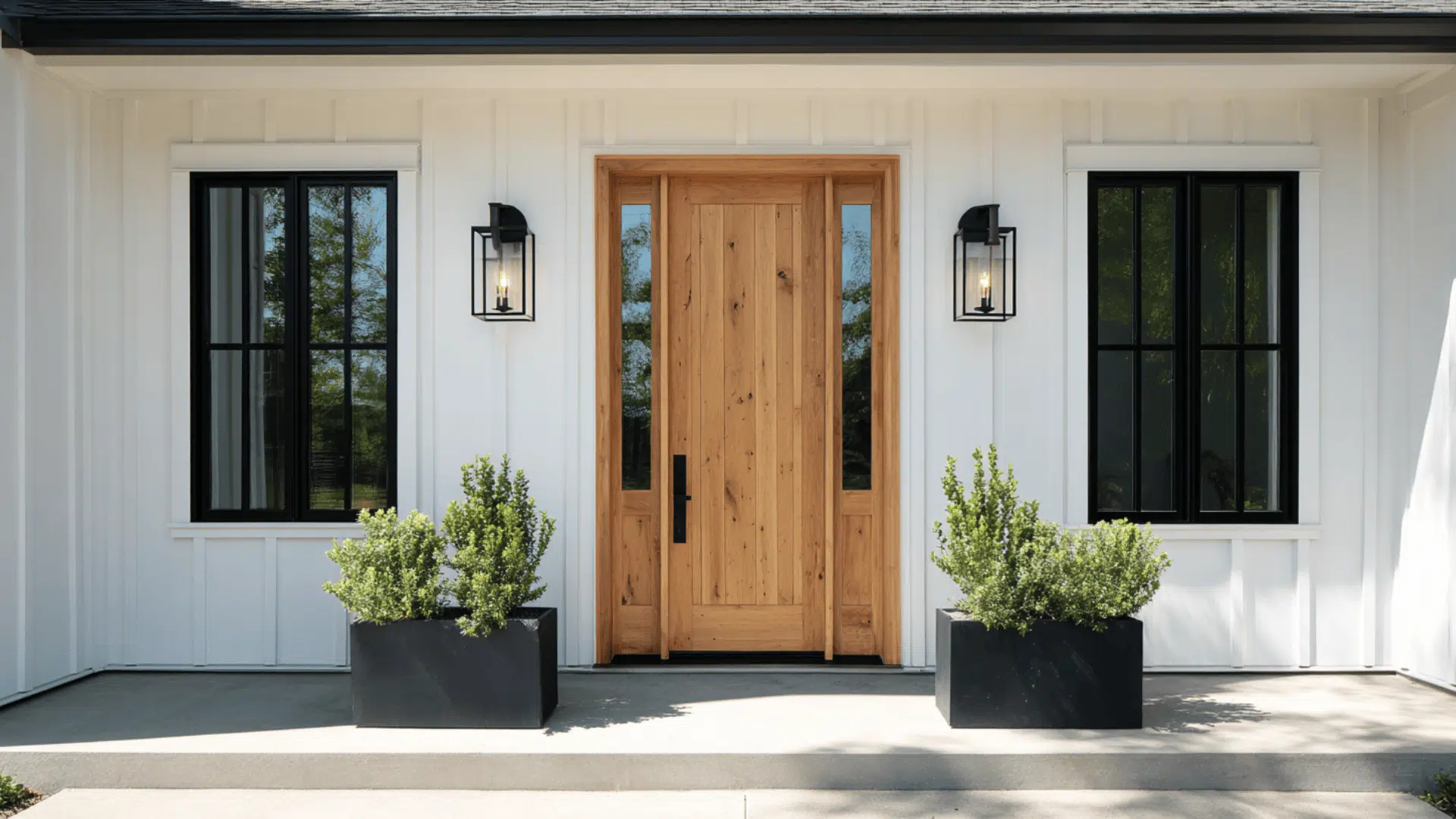_Natural Wood Front Door with Matching Black Handle Set and Sconces