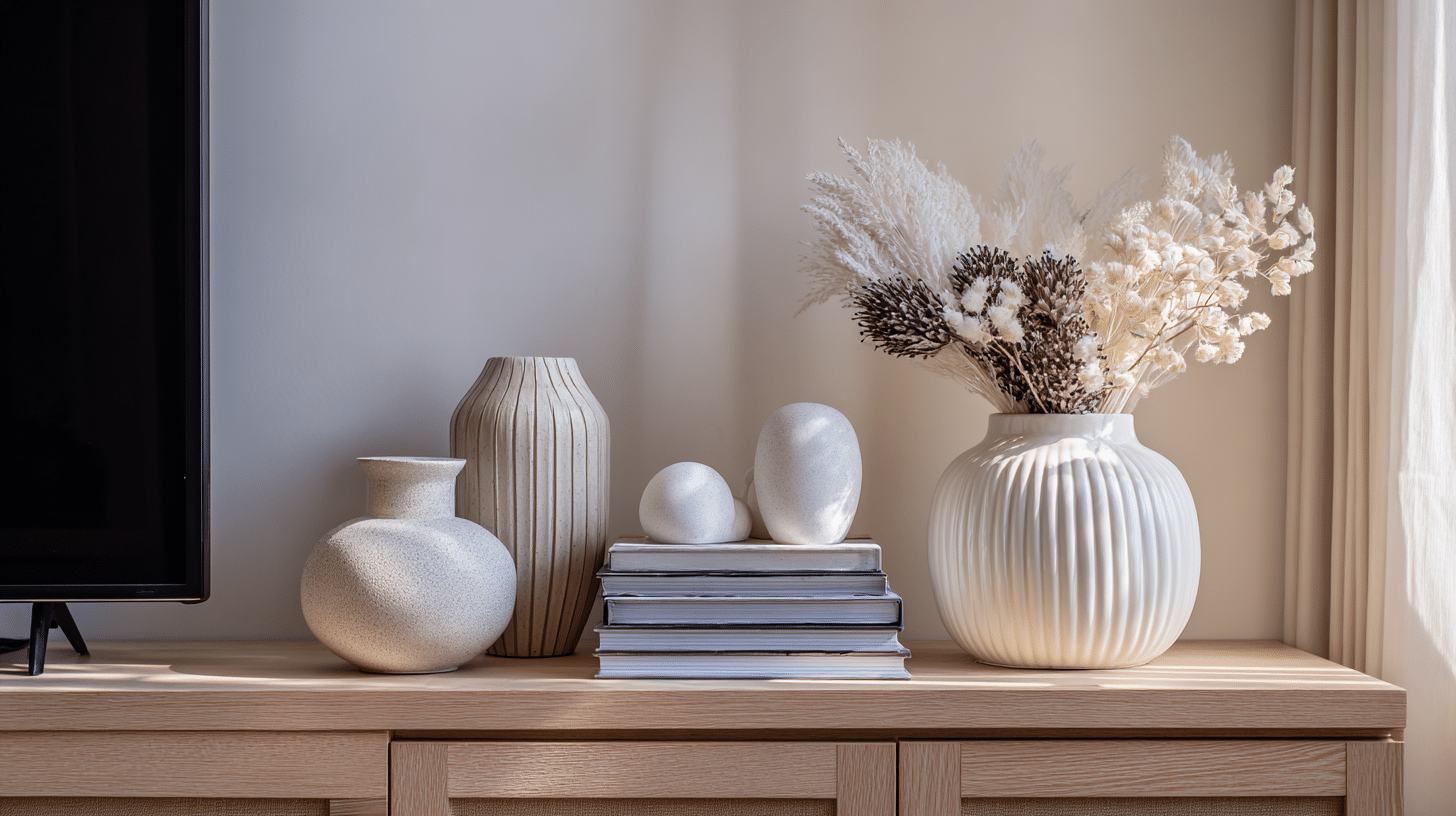 Neutral TV stand decor creating a timeless and cohesive living room design