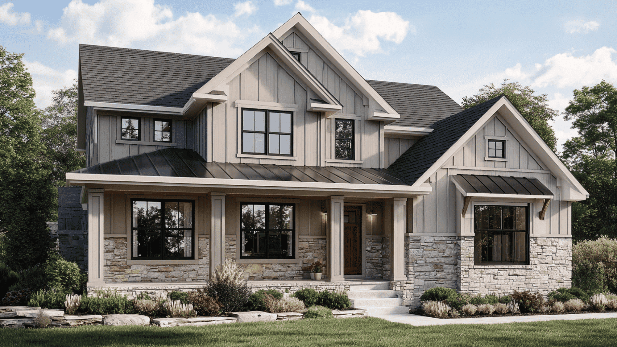 Neutral Farmhouse Exterior With Stone Details