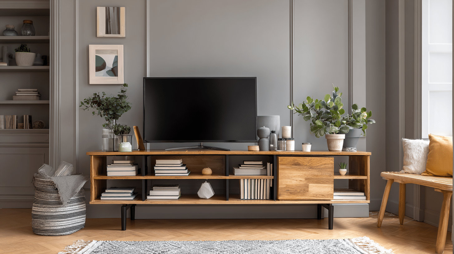 TV stand open shelves styled with books and decor accessories, creating an organized display