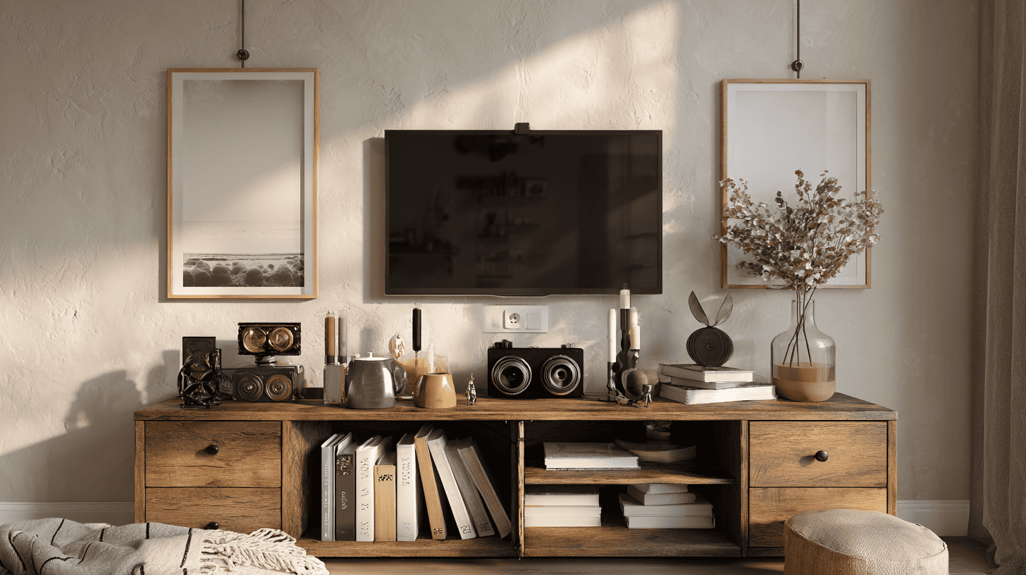 TV stand decorated with personal collectibles, adding character and personalized home styling