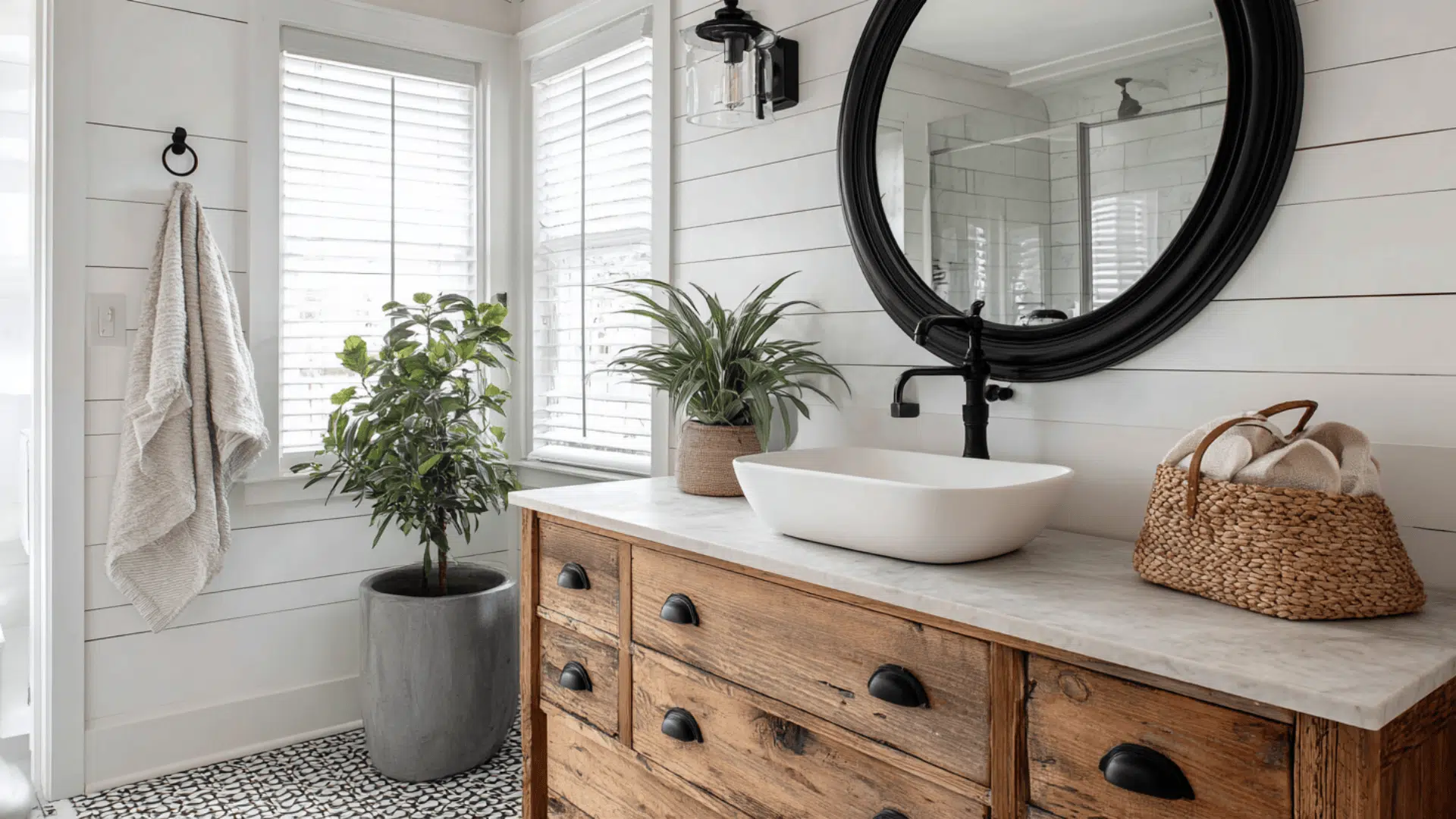 Round Mirror With A Rustic Wood Frame