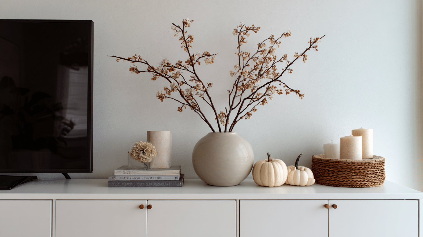 TV stand styled with seasonal decor accents, refreshing the living room display
