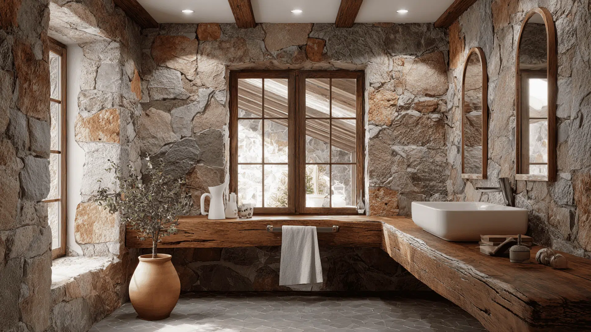 Shower Niche Styling With Simple Stone And Matte Fixtures