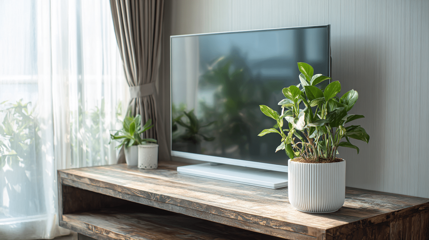 TV stand decorated with a small indoor plant, bringing natural color and freshness