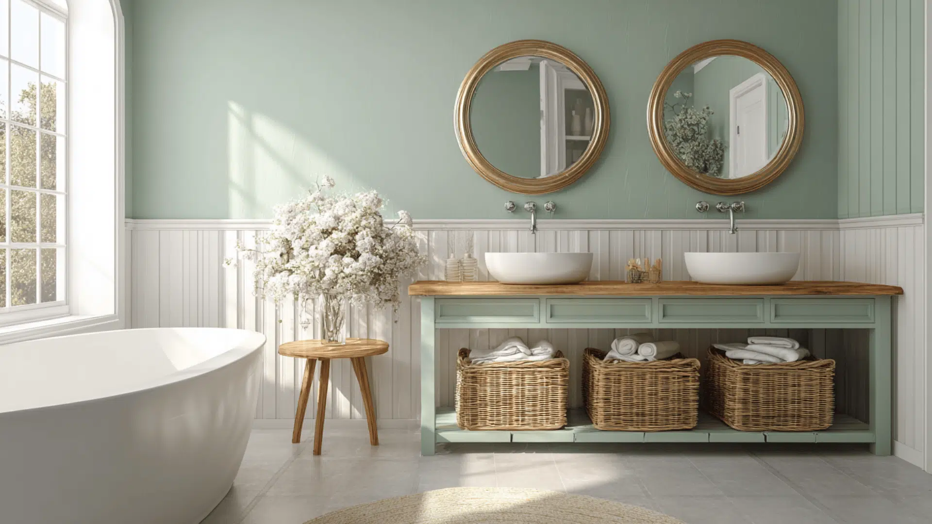 Soft Sage Walls With White Trim And Natural Wood