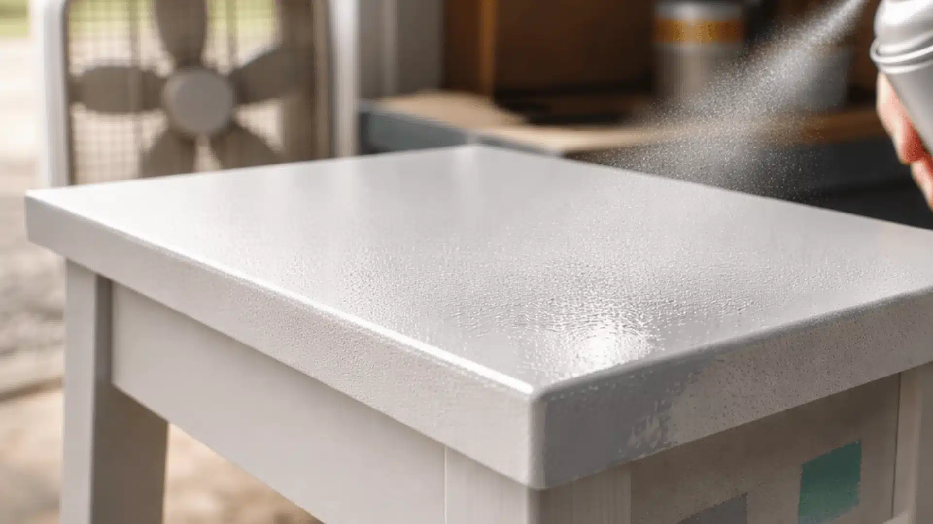 White table being spray-painted with a fan in the background