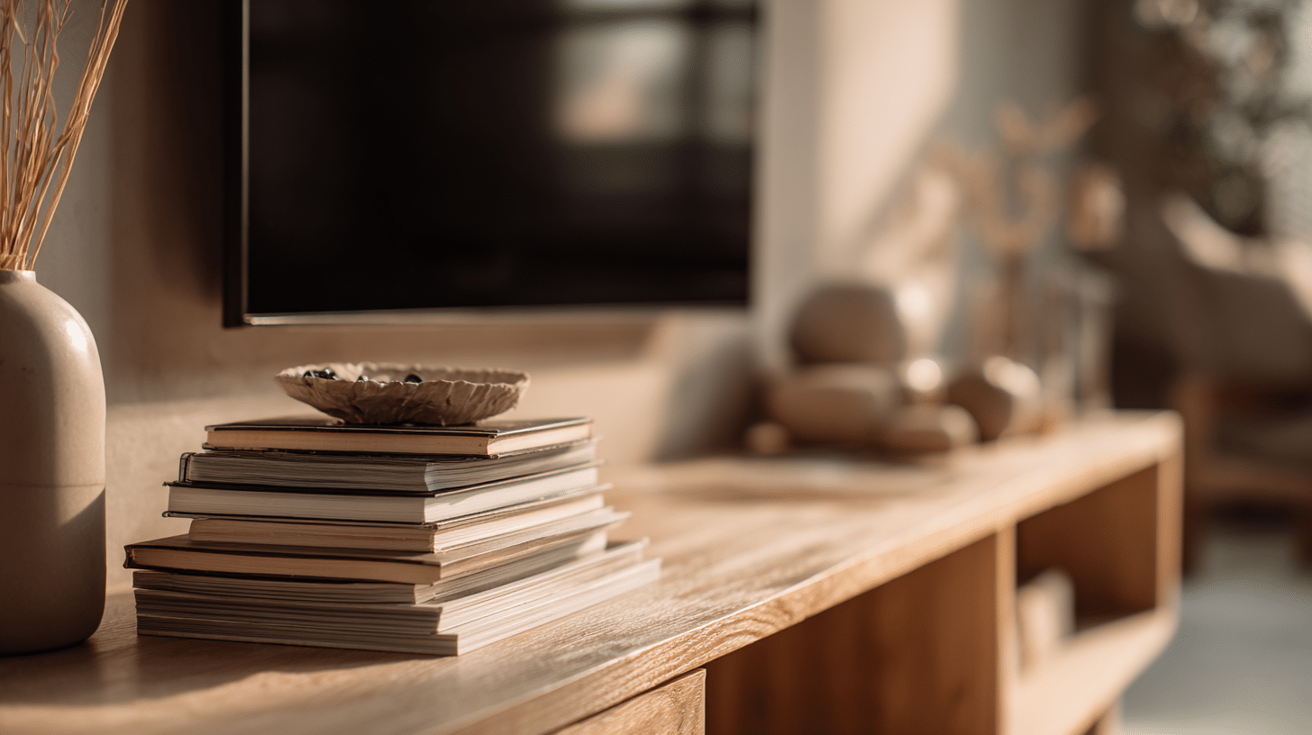 Stacked Coffee Table Books On Tv Stand With Decorative Object