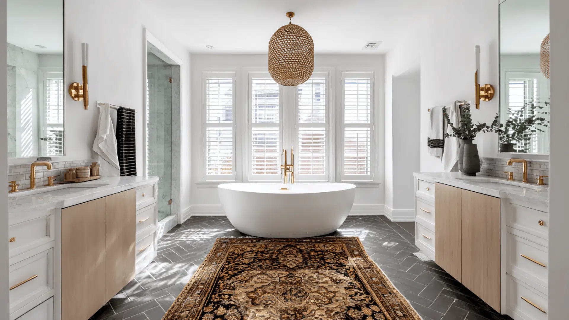 Stone Look Tile Floors With A Cozy Vintage Rug