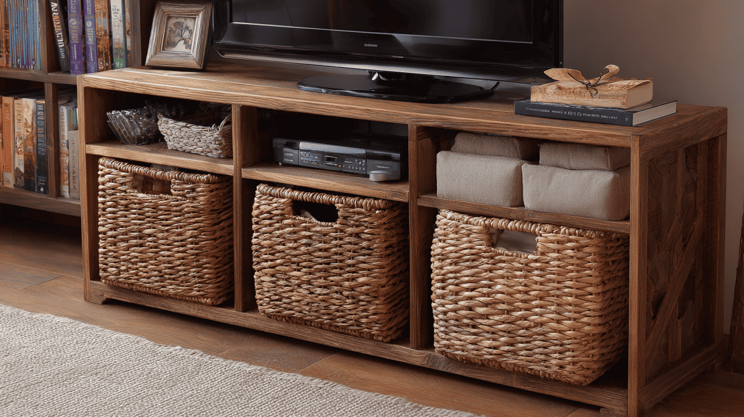 TV stand featuring decorative storage baskets for stylish clutter-free organization