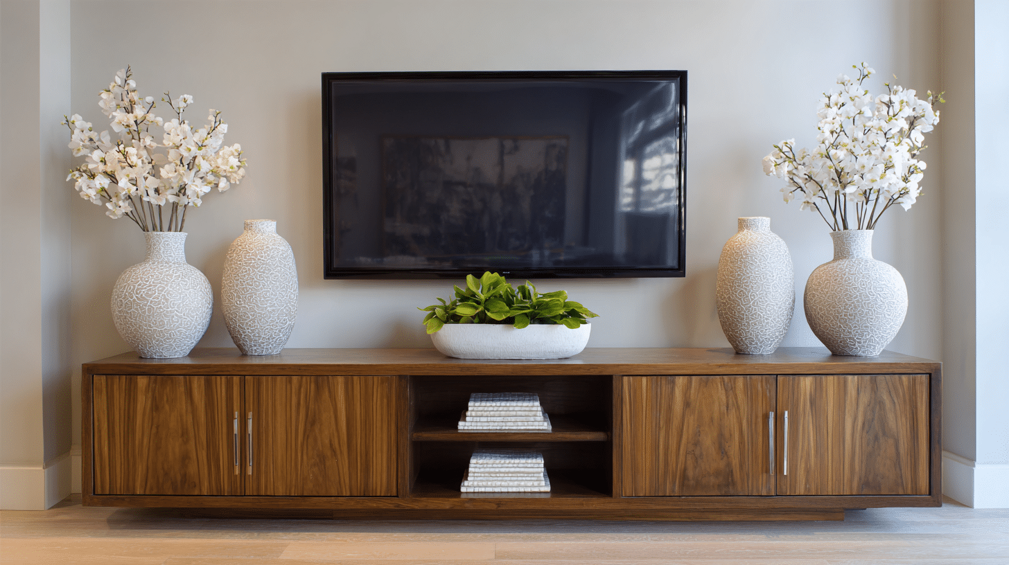 TV stand styled with symmetrical decor creating a balanced and cohesive living room look
