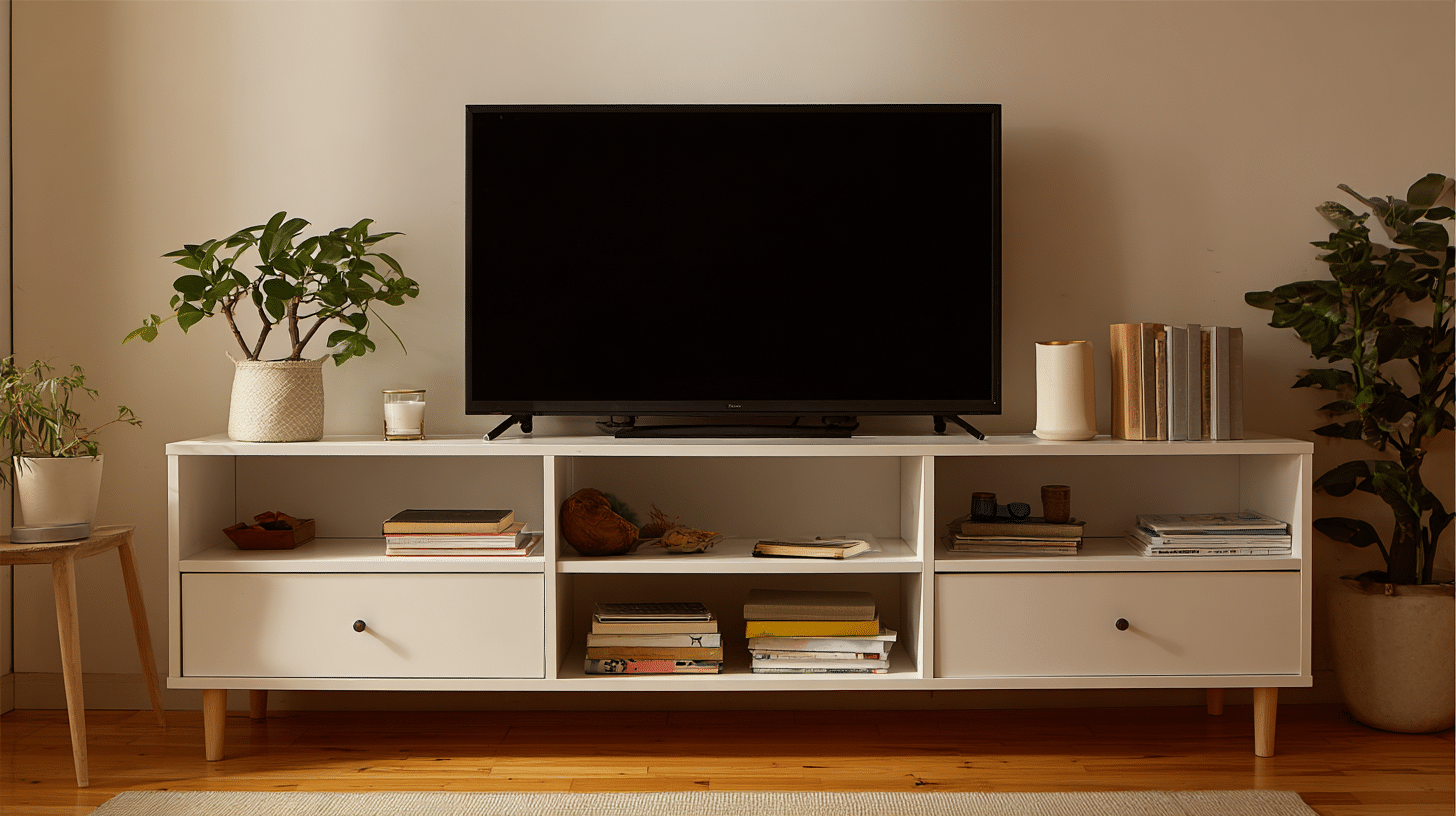 TV stand shelves styled with minimal decor, creating a light and airy display