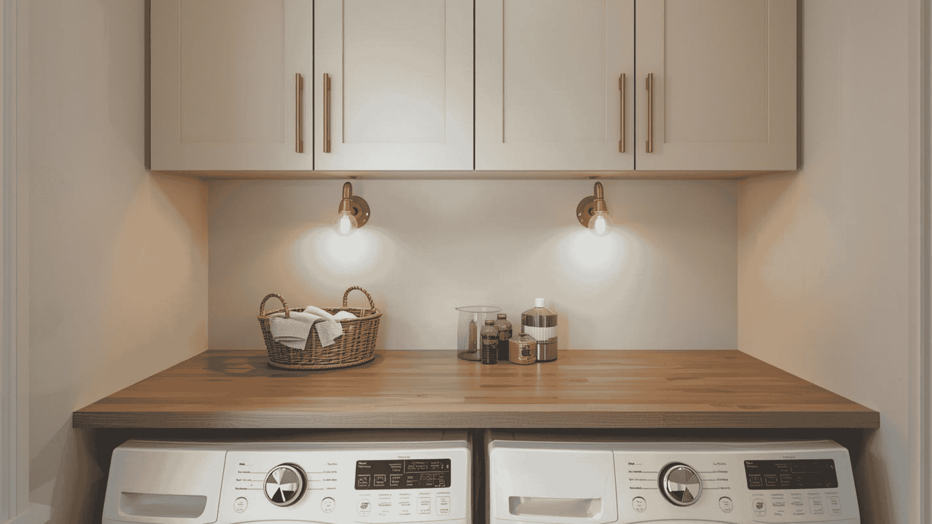 Upper cabinets featuring brushed brass pulls, two compact moisture rated wall sconces with warm glowing bulbs