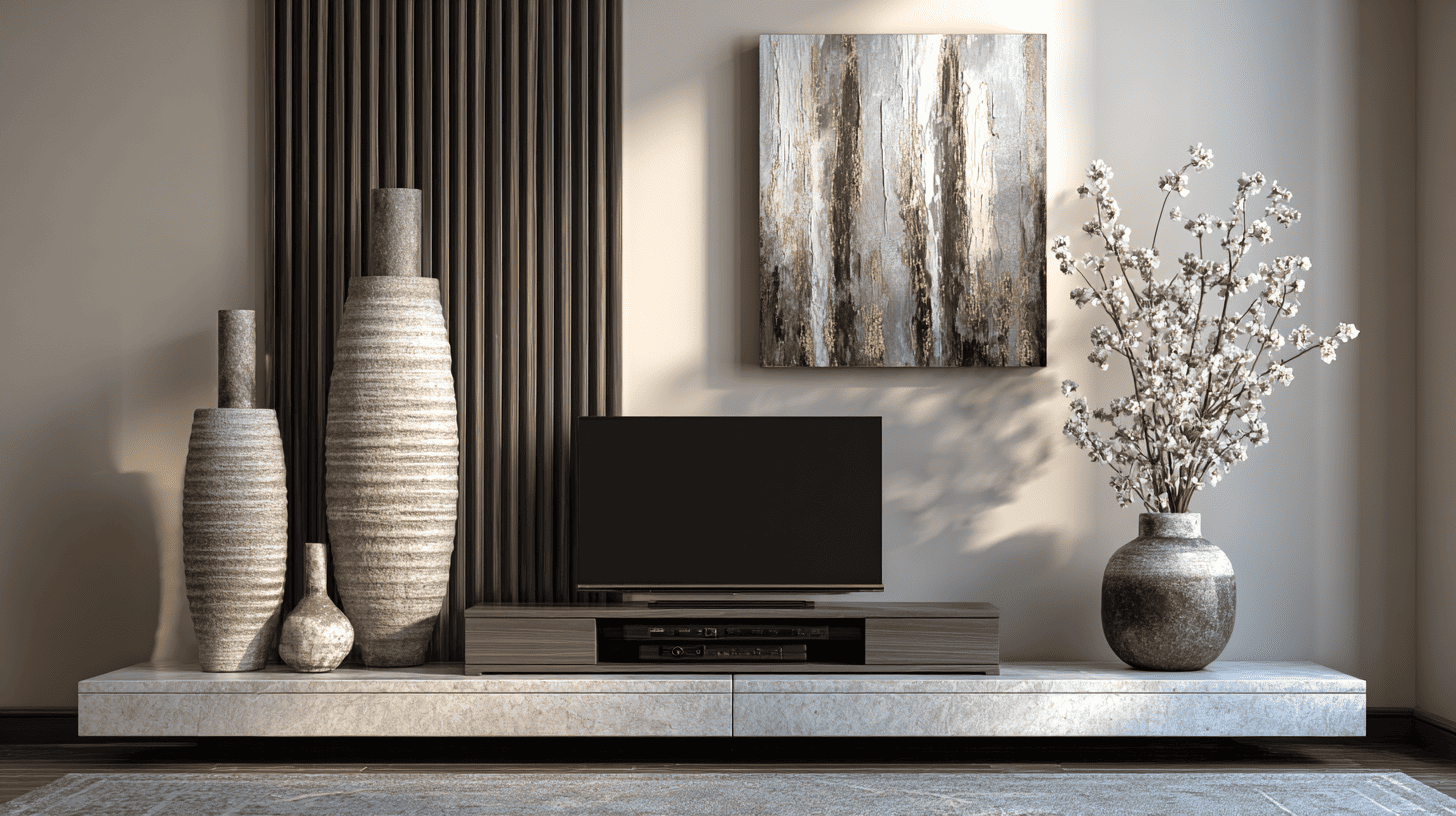TV stand styled with vertical decor elements creating visual balance and height