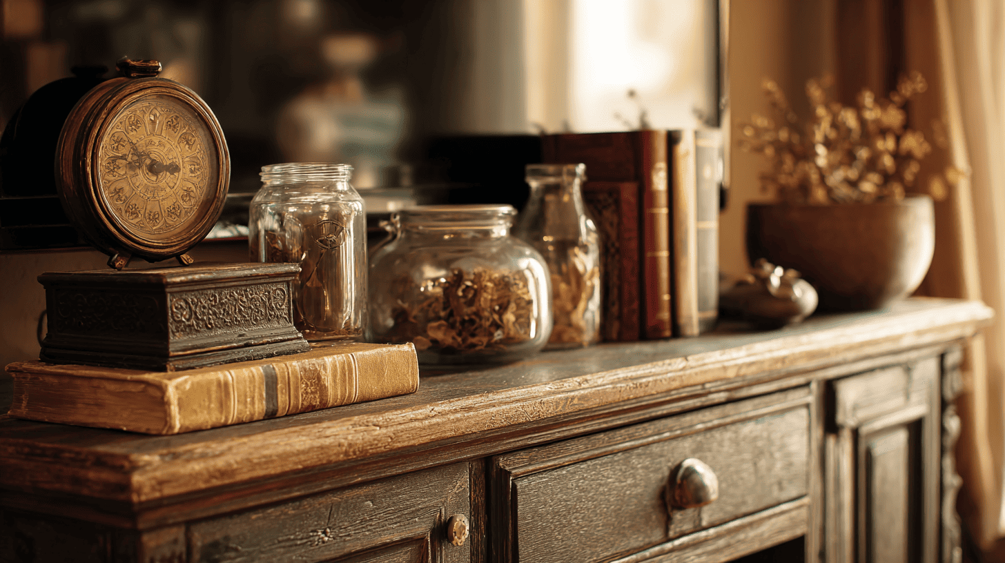 TV stand decorated with vintage-inspired accessories, adding character and nostalgic charm