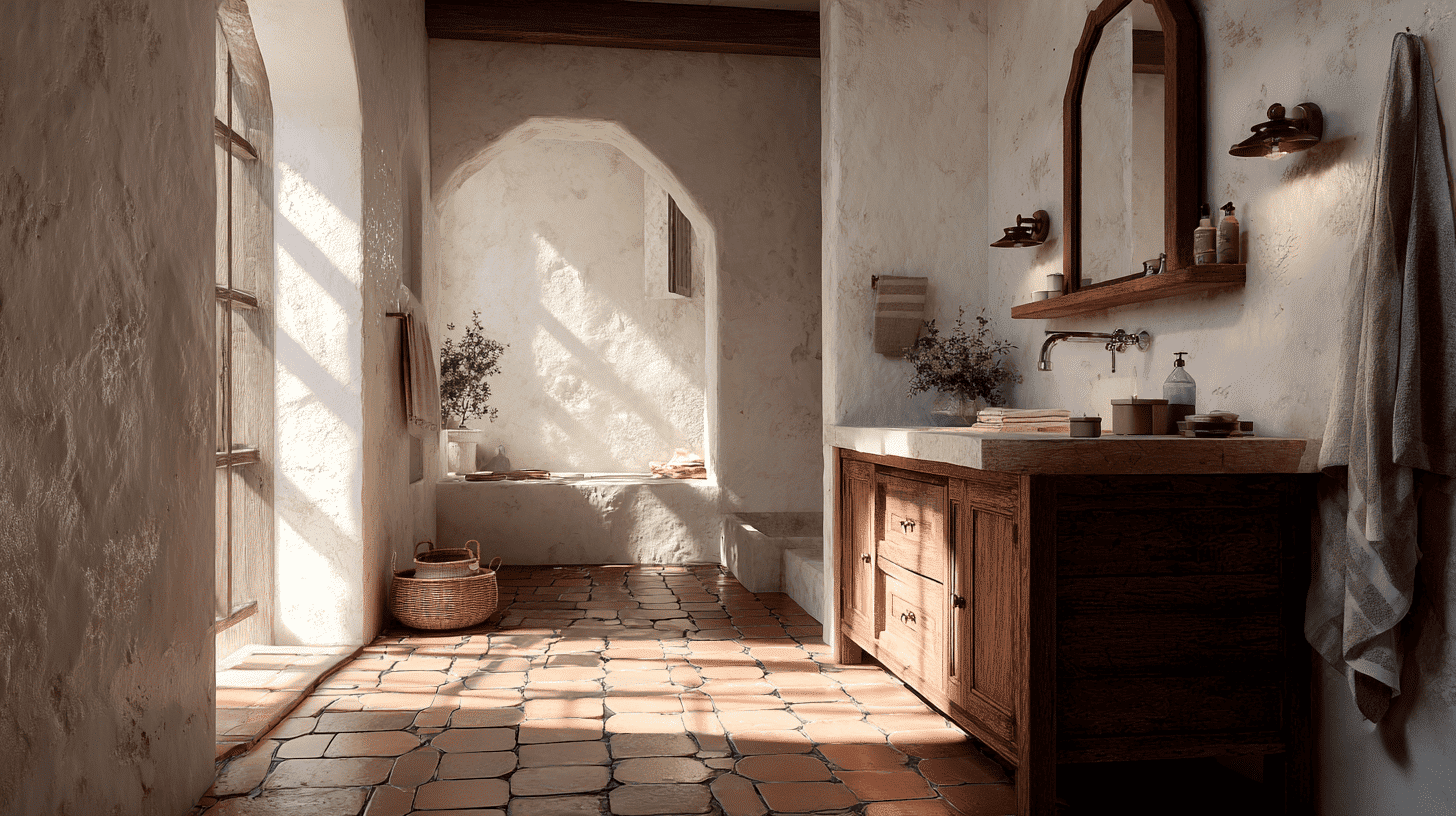 Warm White Stucco Walls Spanish Bathroom