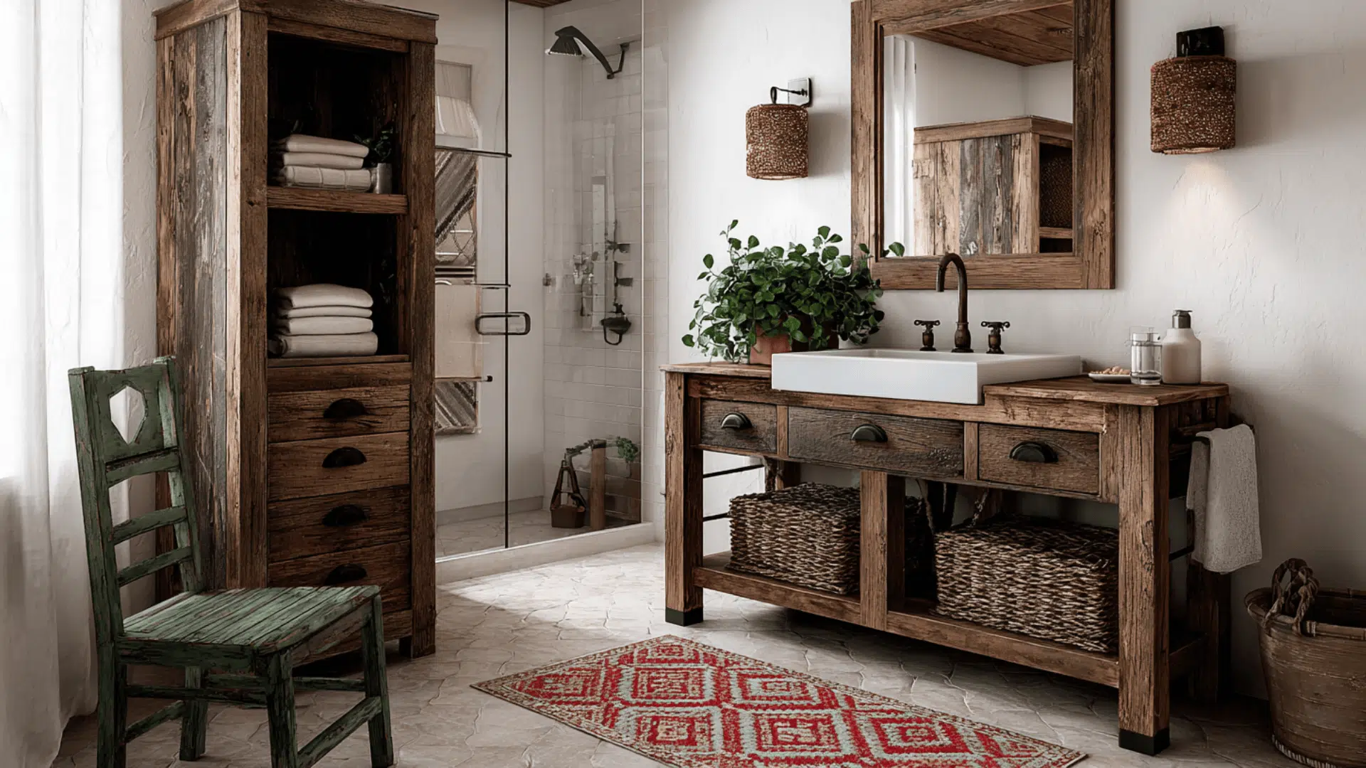 Warm Wood Vanity With A Crisp White Countertop