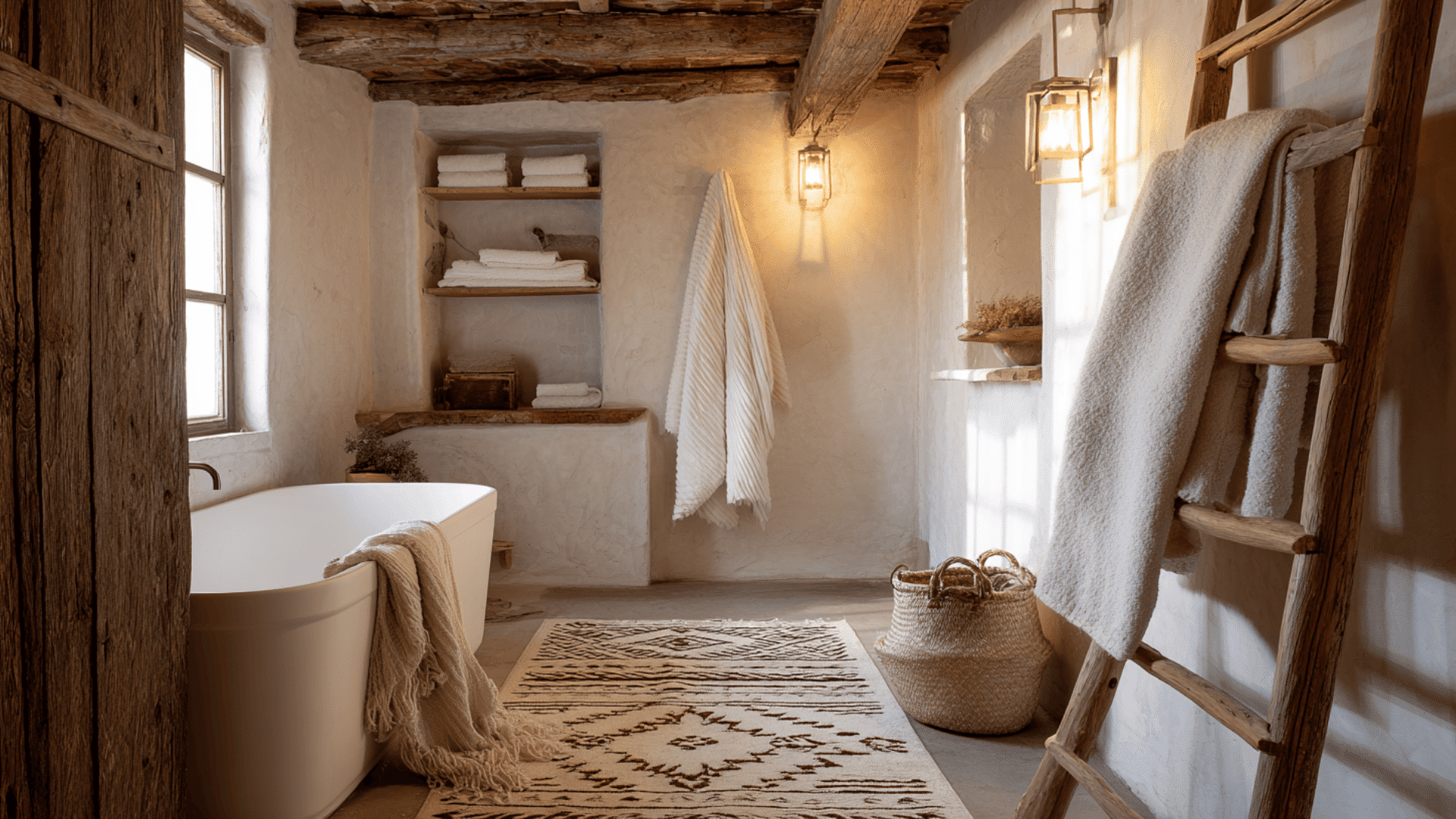 Weathered Wood Ladder Towel Display