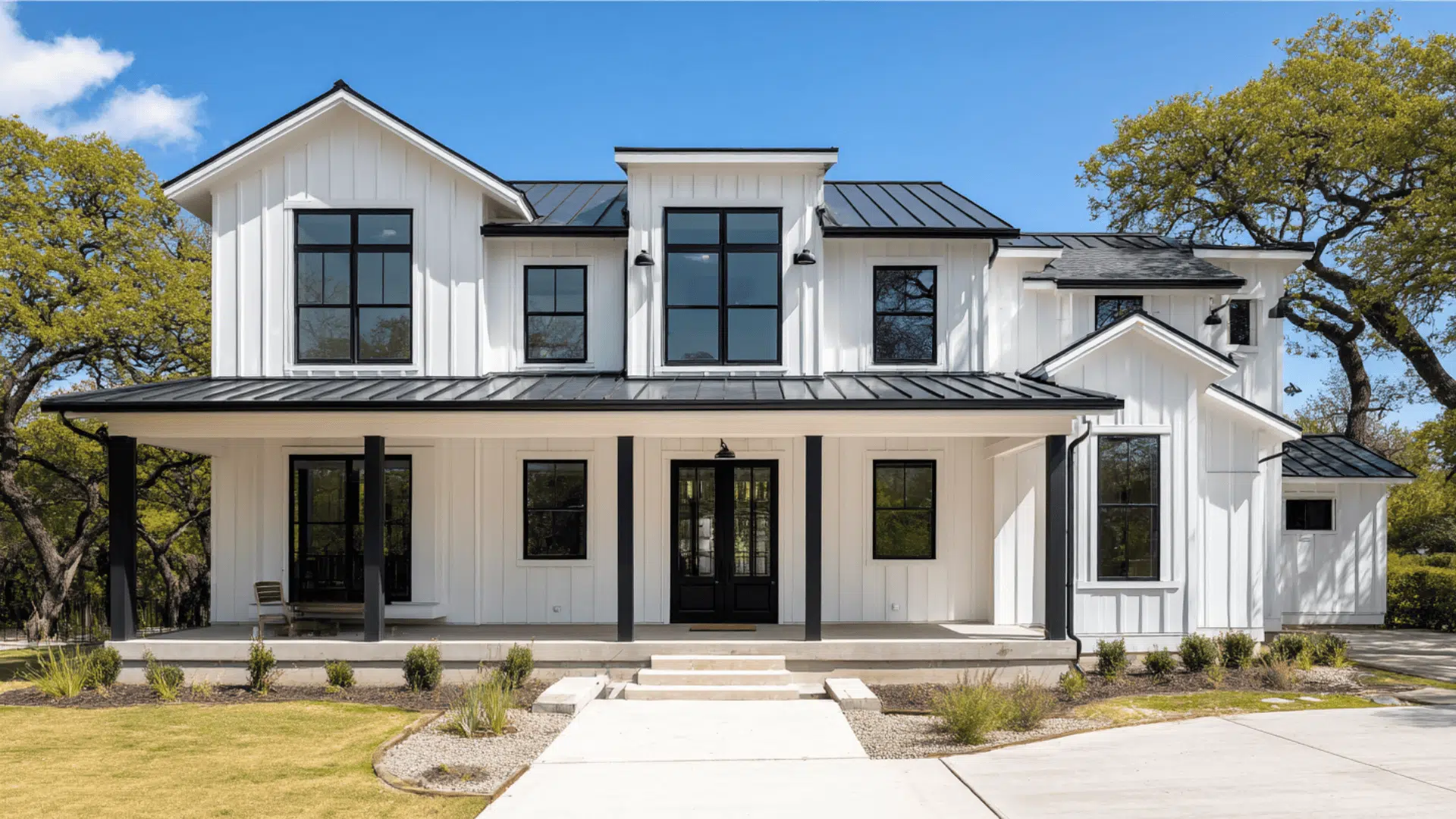 White Exterior Black Trim Warm Tan Pavers