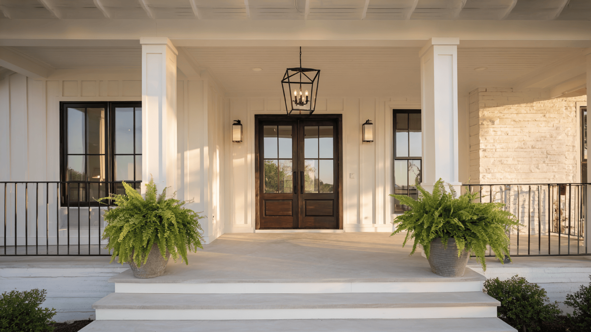 _White Porch Posts with Black Railings