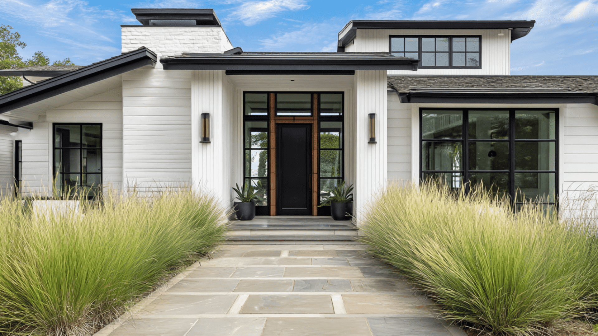 White Siding Black Trim Gray Stone Walkway