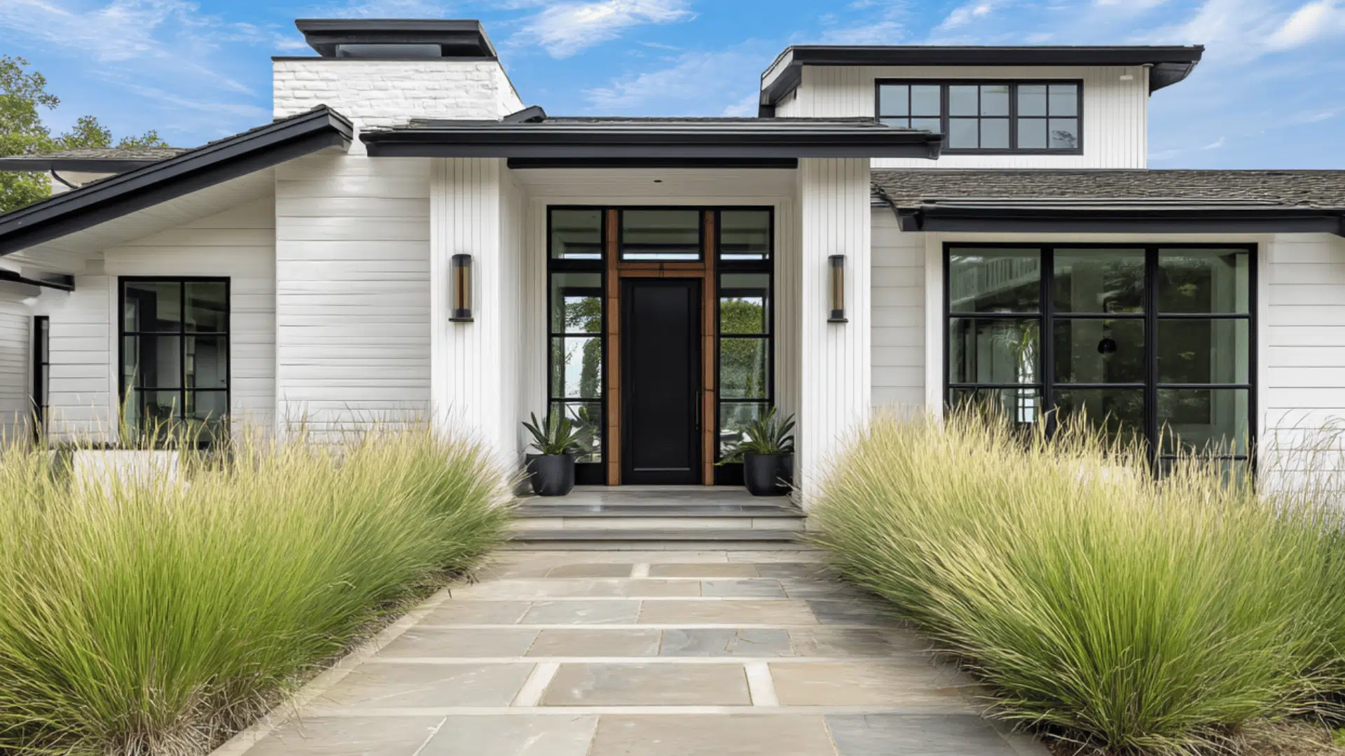 White Siding Black Trim Gray Stone Walkway
