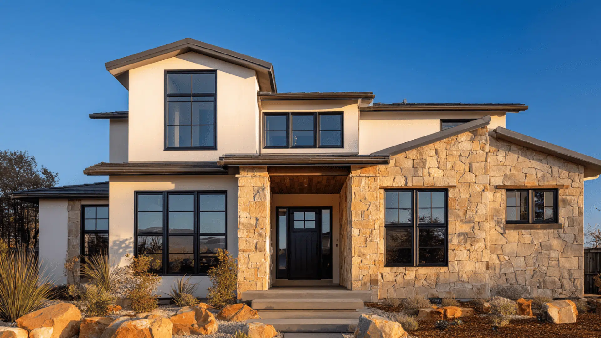 _White Stucco with Black Trim and Warm Stone Skirt