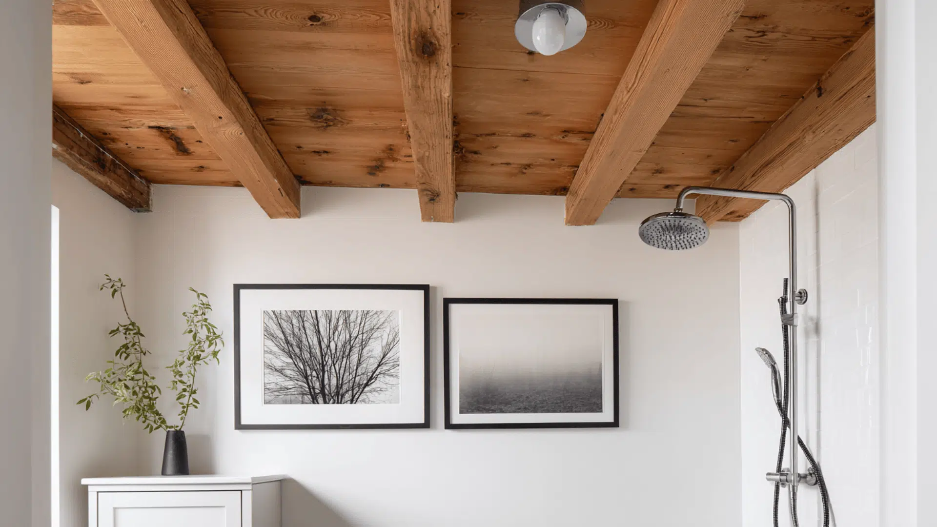 Wood Plank Ceiling With Bright White Walls