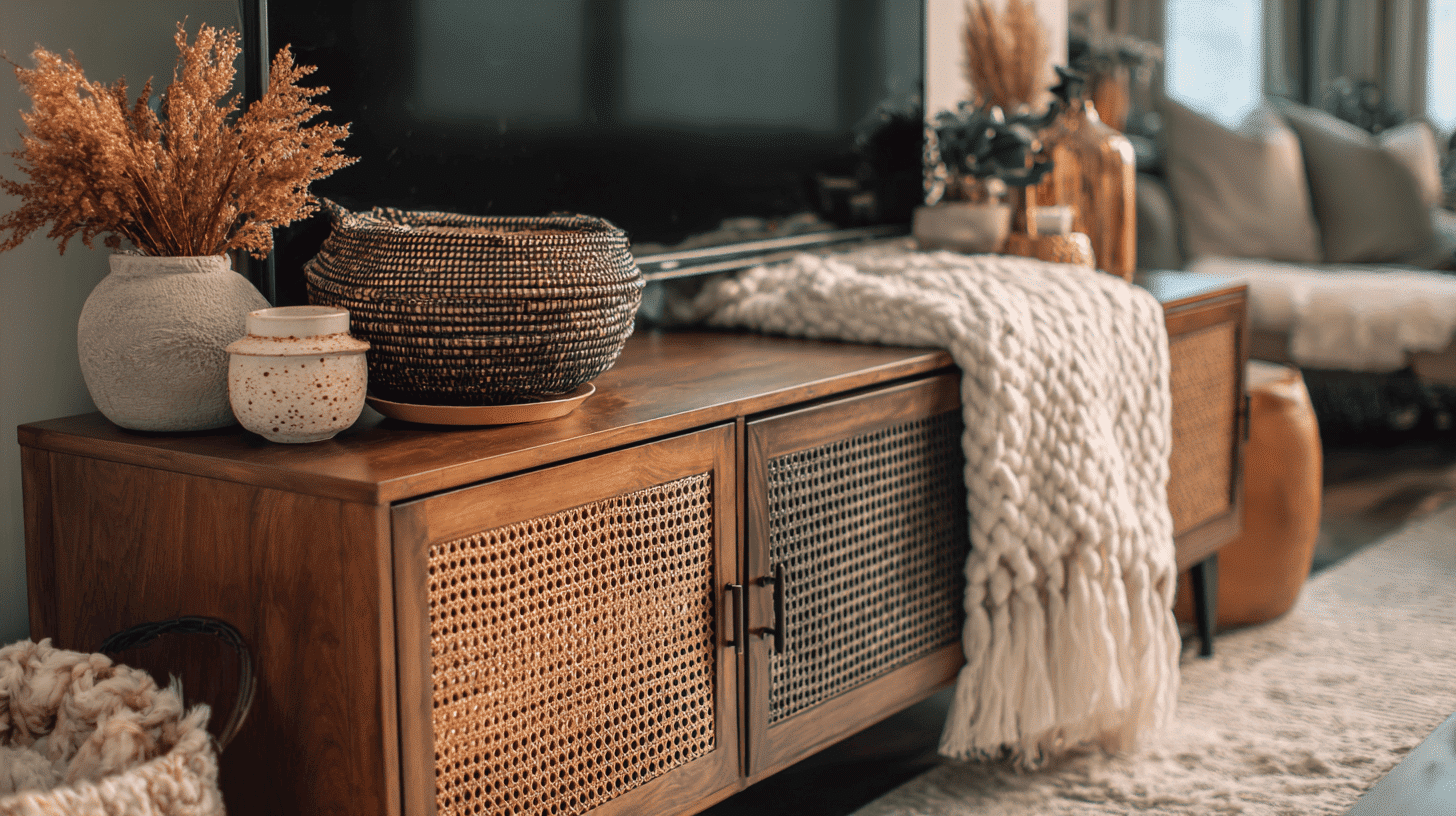 TV stand decorated with woven and textured accessories, adding warmth and visual depth