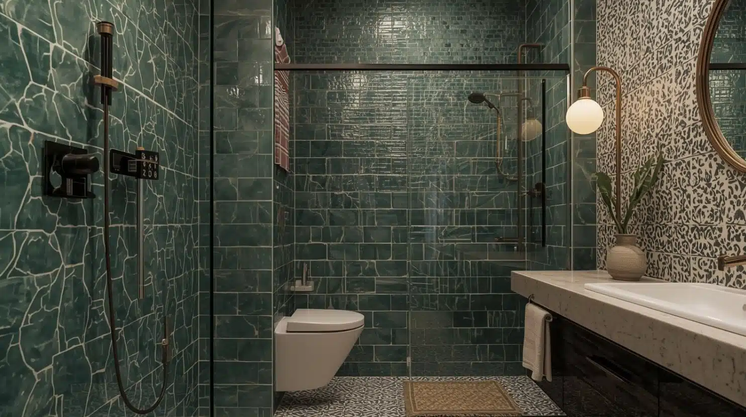 Moody modern bathroom with glossy teal zellige tile
