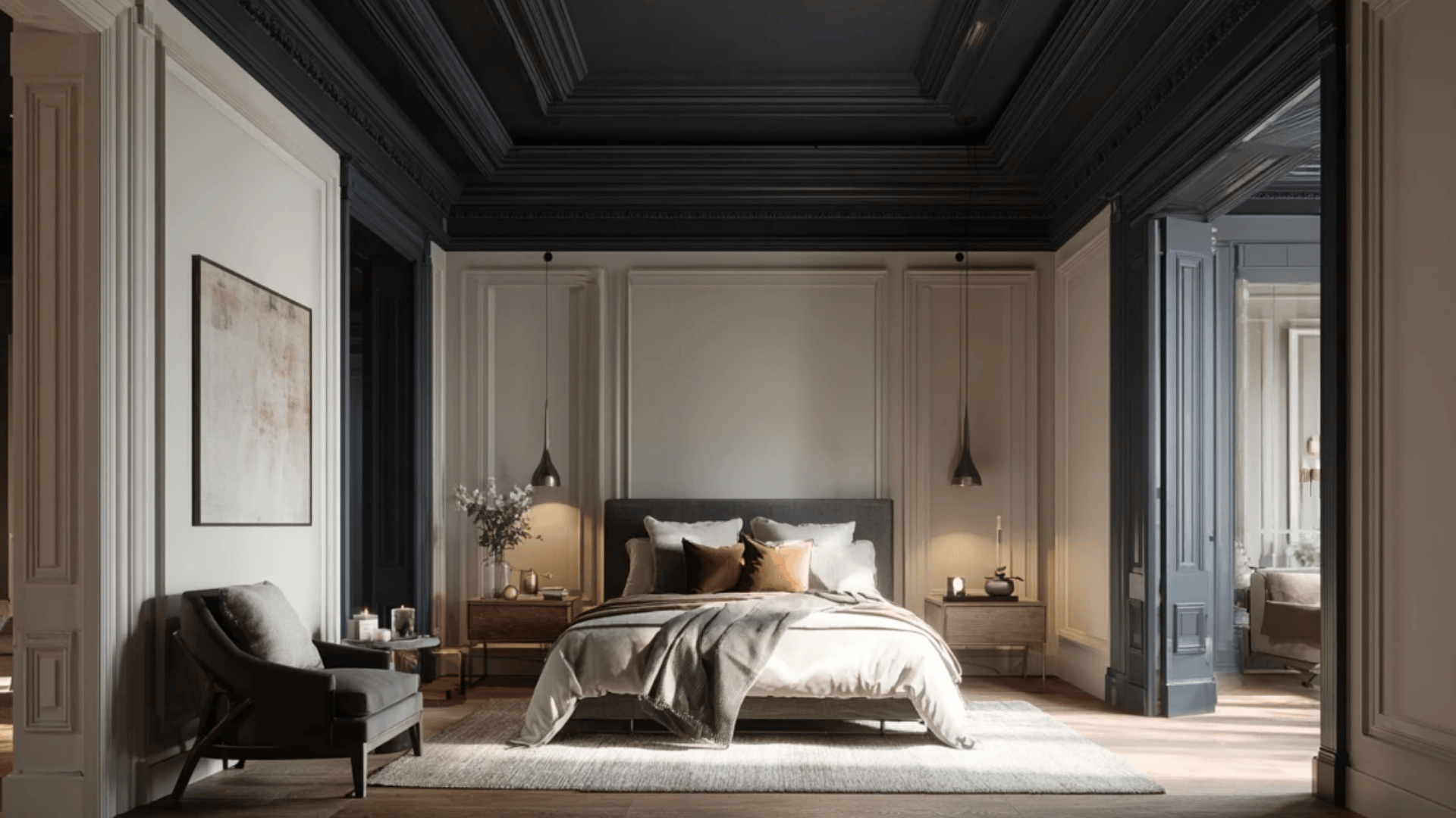 a bedroom with dark ceilings