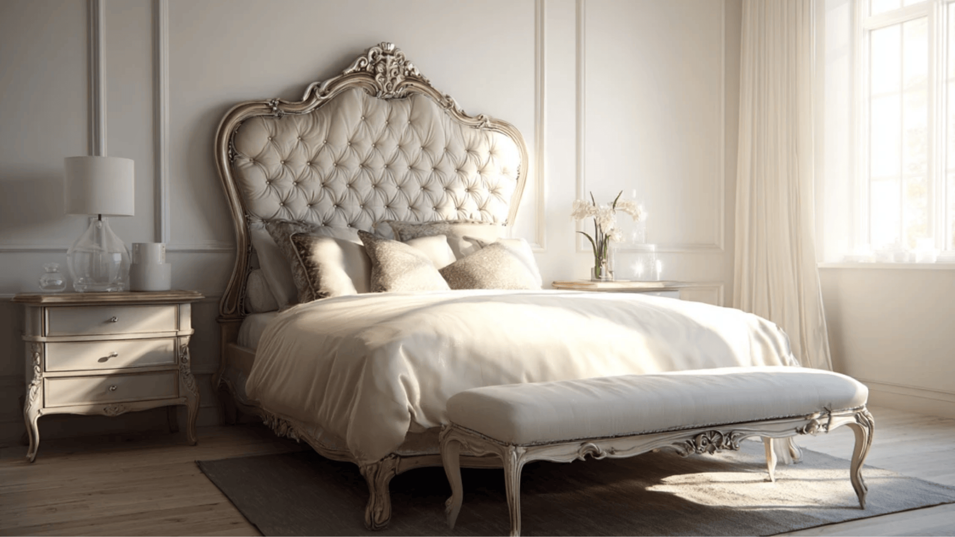 a bedroom with ornate details