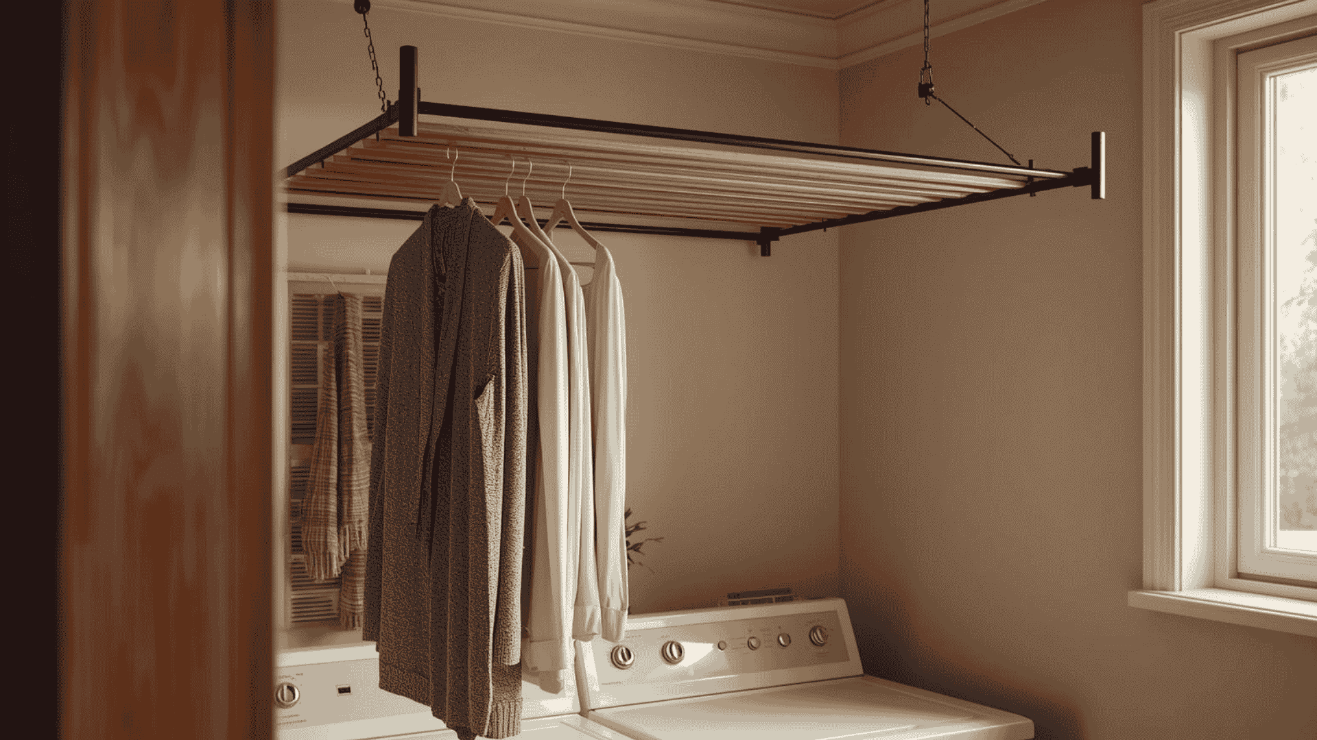 _a ceiling mounted pulley drying rack with wood slats, rack shown partially lowered with a few delicate garments on slim hangers, airy vented area or nearby window for airflow, washer and dryer be