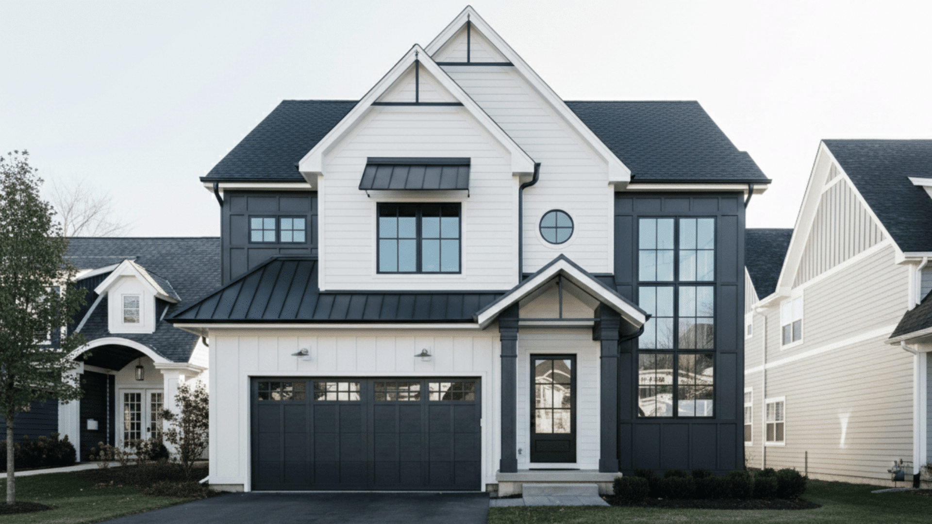 a classic white house with black trim