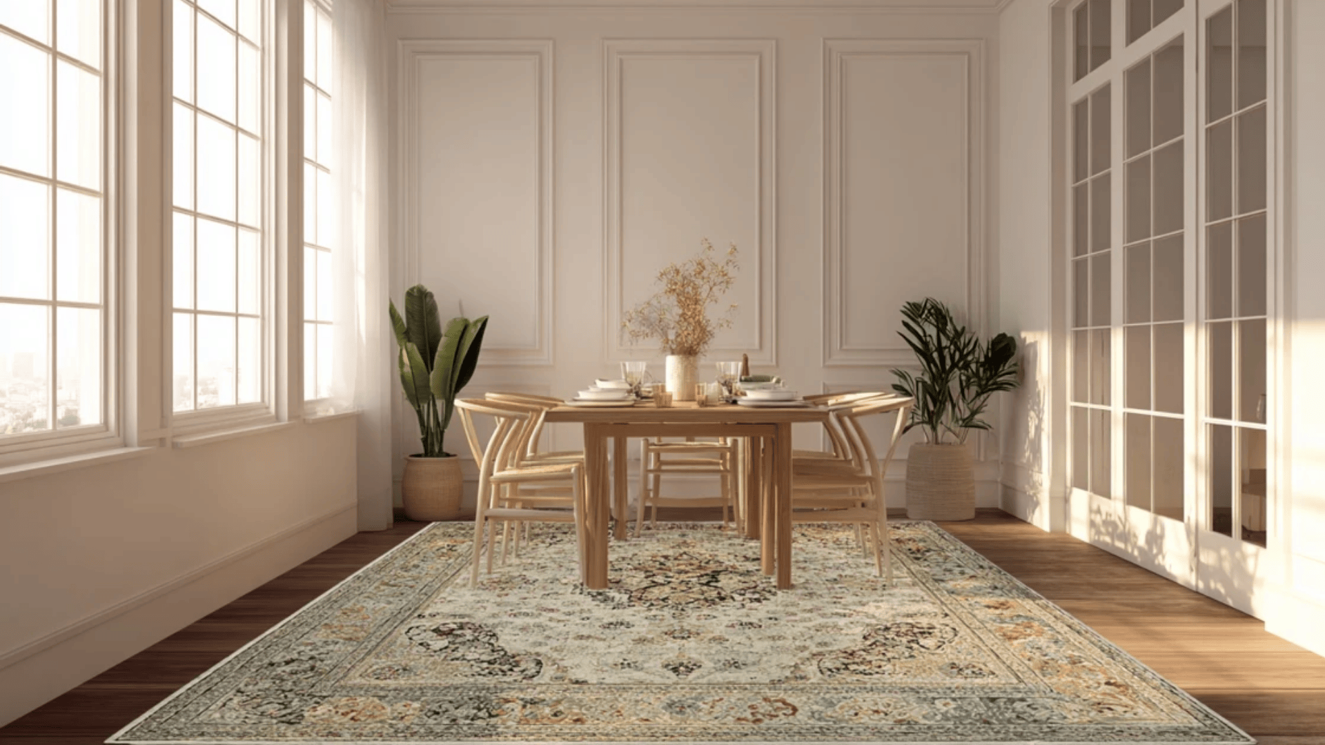 a dining area with a patterned rug