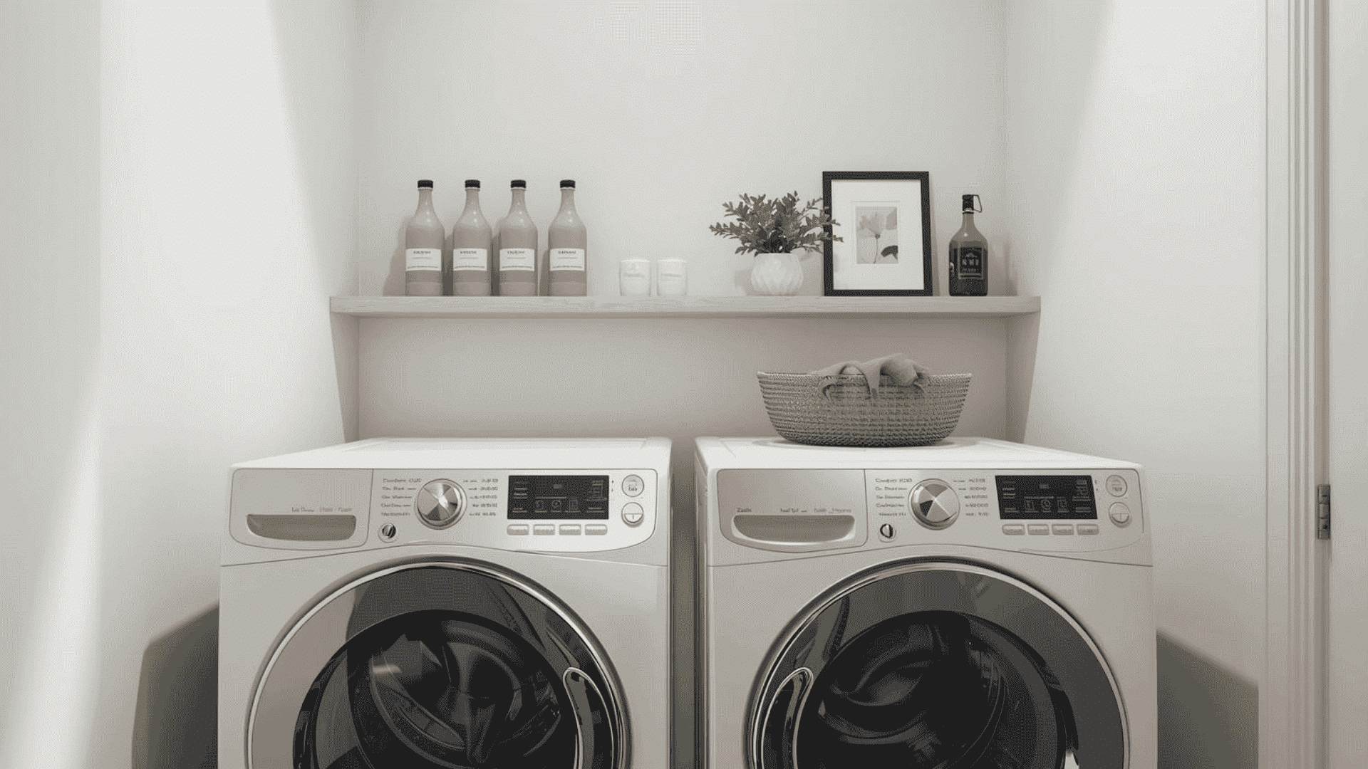 a long slim picture ledge shelf mounted above the machines, styled storage with matching neutral bottles, neatly labeled jars, a small framed print, and one small plant